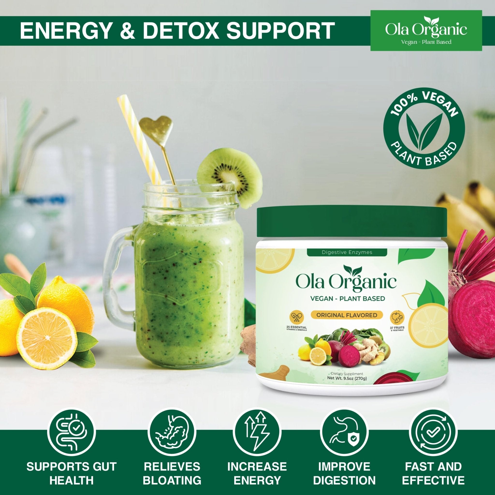 Ola Organic Greens Superfood Powder – Blend of 11 Cruciferous Vegetables with Phytonutrients – Supports Energy, & Immune Health Support – Non-GMO Vegetable Supplement (270g Jar) - TrustMedUSA