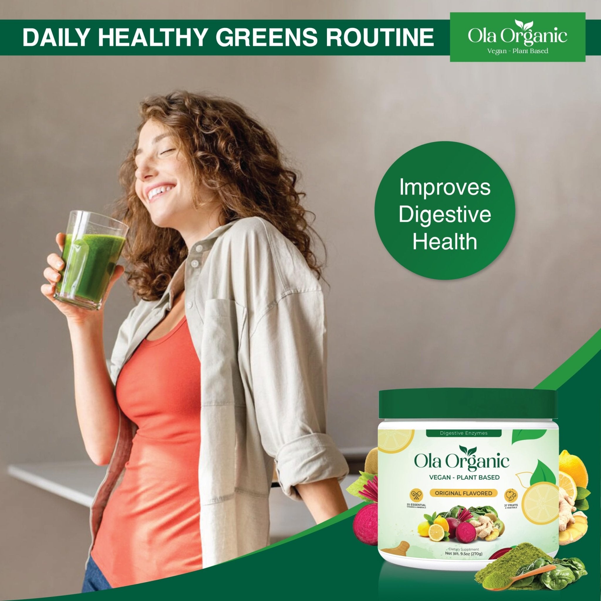 Ola Organic Greens Superfood Powder – Blend of 11 Cruciferous Vegetables with Phytonutrients – Supports Energy, & Immune Health Support – Non-GMO Vegetable Supplement (270g Jar) - TrustMedUSA