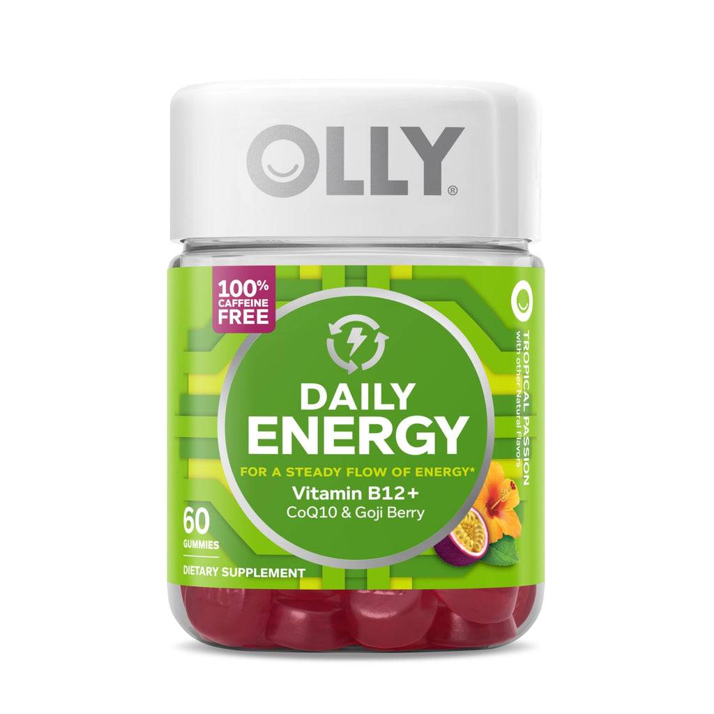OLLY Daily Energy Gummy, Caffeine Free, Vitamin B12, CoQ10, Goji Berry, Adult Chewable Supplement & Hello Happy Gummy Worms, Mood Balance Support, Vitamin D, Saffron, Adult Chewable Supplement - TrustMedUSA