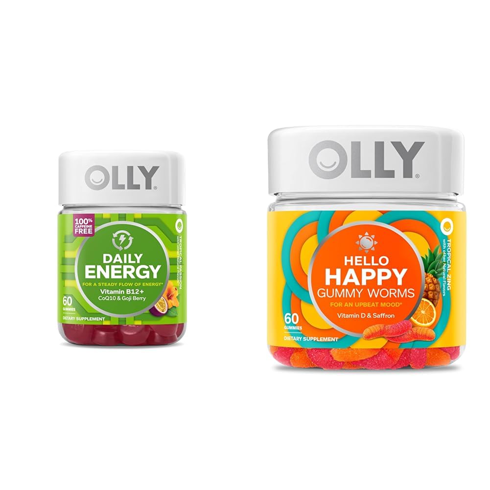 OLLY Daily Energy Gummy, Caffeine Free, Vitamin B12, CoQ10, Goji Berry, Adult Chewable Supplement & Hello Happy Gummy Worms, Mood Balance Support, Vitamin D, Saffron, Adult Chewable Supplement - TrustMedUSA