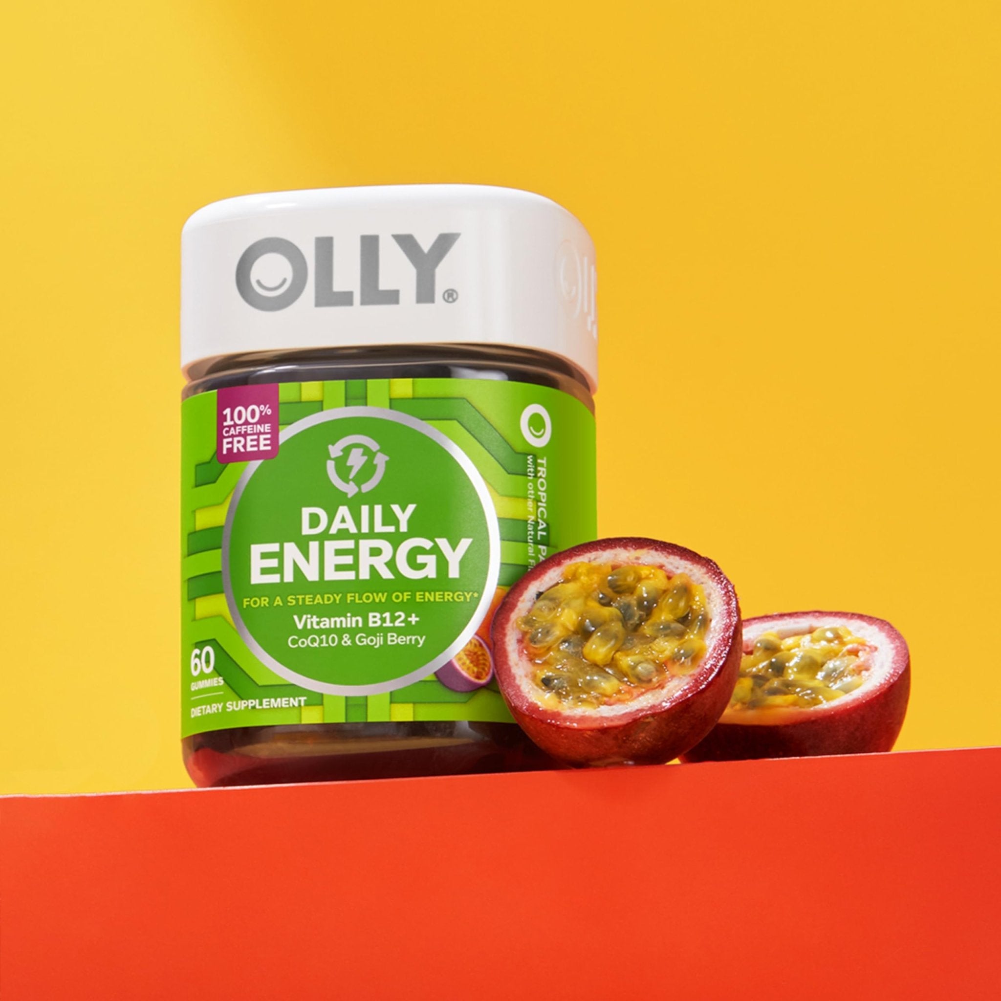 OLLY Daily Energy Gummy, Caffeine Free, Vitamin B12, CoQ10, Goji Berry, Adult Chewable Supplement, Tropical Flavor - 60 Count - TrustMedUSA