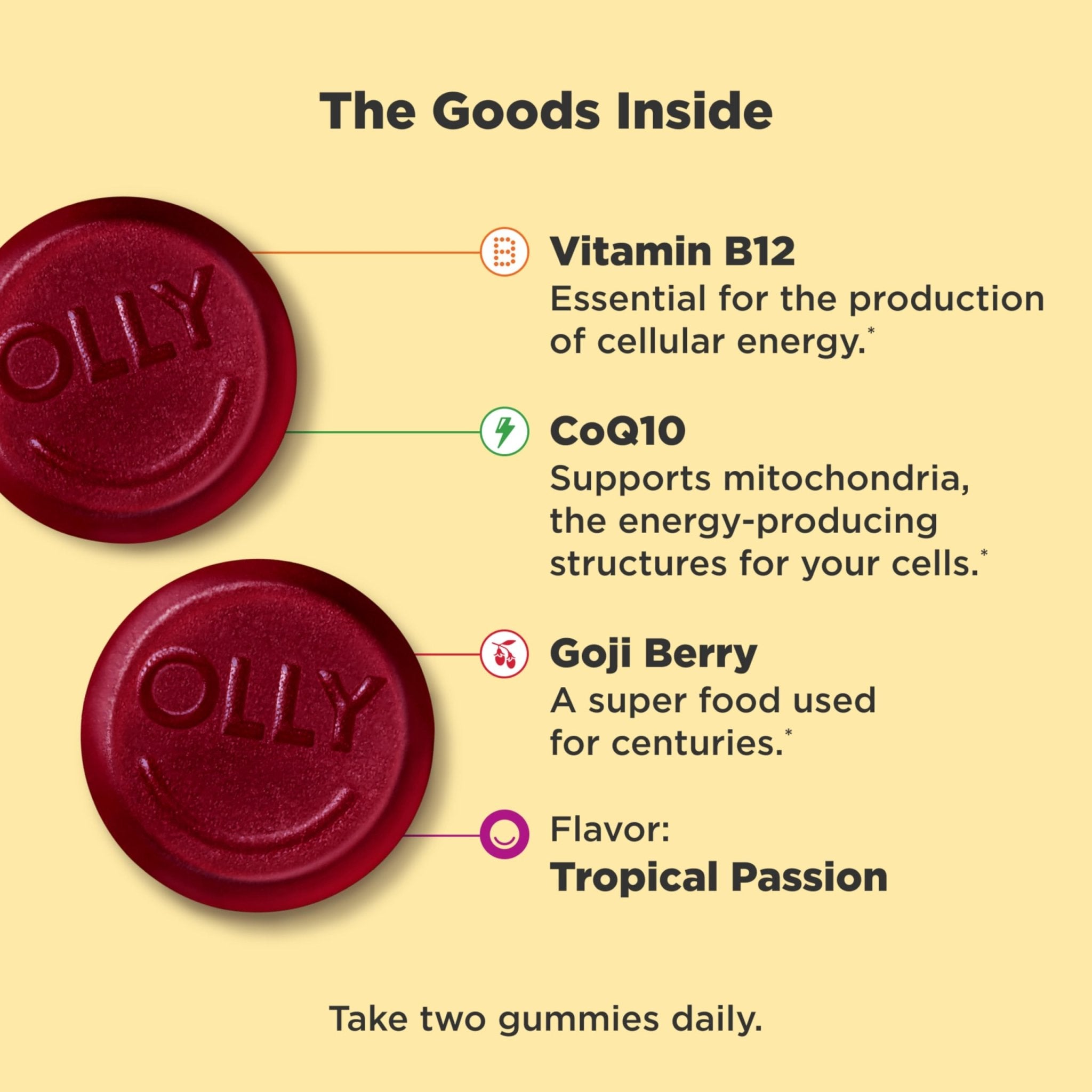 OLLY Daily Energy Gummy, Caffeine Free, Vitamin B12, CoQ10, Goji Berry, Adult Chewable Supplement, Tropical Flavor - 60 Count - TrustMedUSA