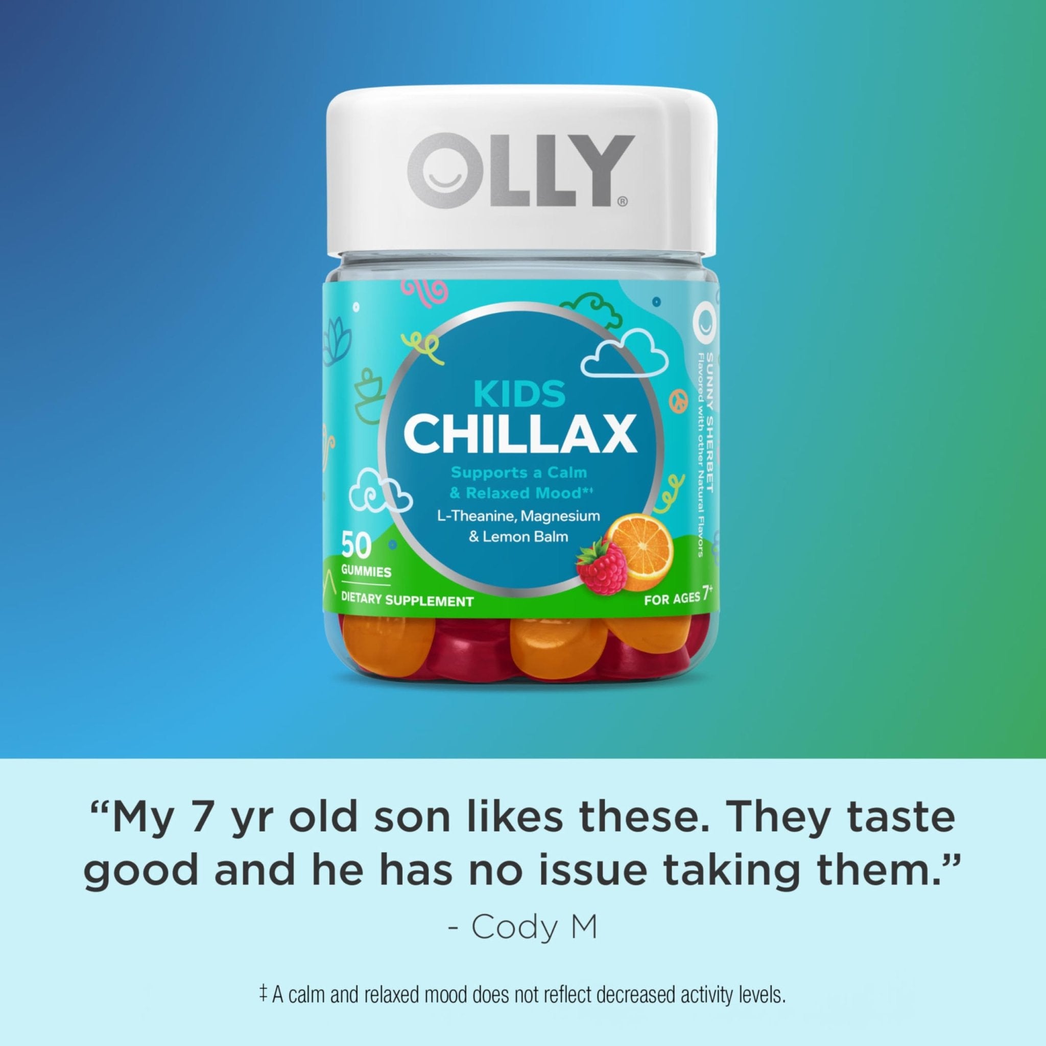 OLLY Kids Chillax Gummy, For a Calm and Relaxed Mood*, Magnesium, L-Theanine, Lemon Balm Extract, Chewable Supplement, Sherbet Flavored, 25 Day Supply - 50 Count - TrustMedUSA
