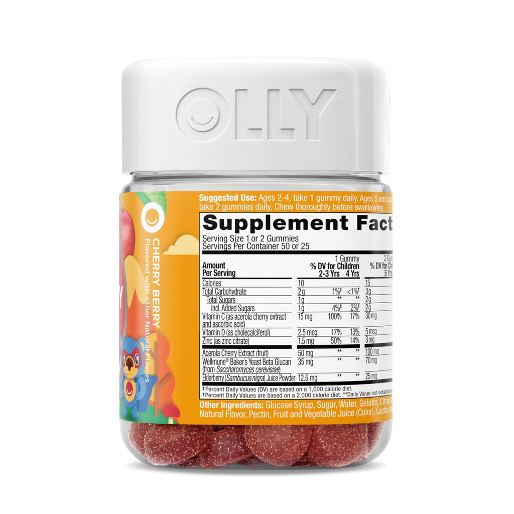 OLLY Kids Immunity Gummy, Immune Support, Wellmune, Elderberry, Vitamin C, Zinc, Chewable Supplement, Cherry - 50 Count - TrustMedUSA