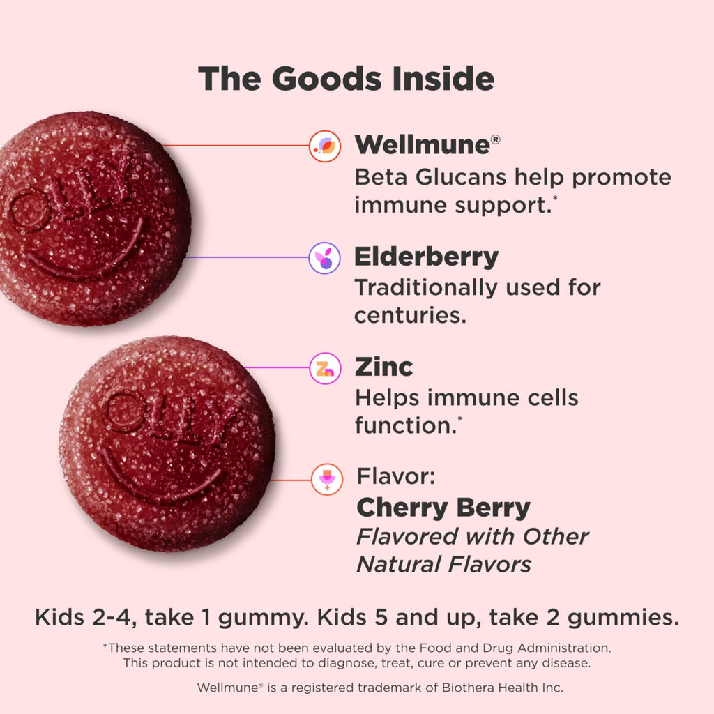 OLLY Kids Immunity Gummy, Immune Support, Wellmune, Elderberry, Vitamin C, Zinc, Chewable Supplement, Cherry - 50 Count - TrustMedUSA