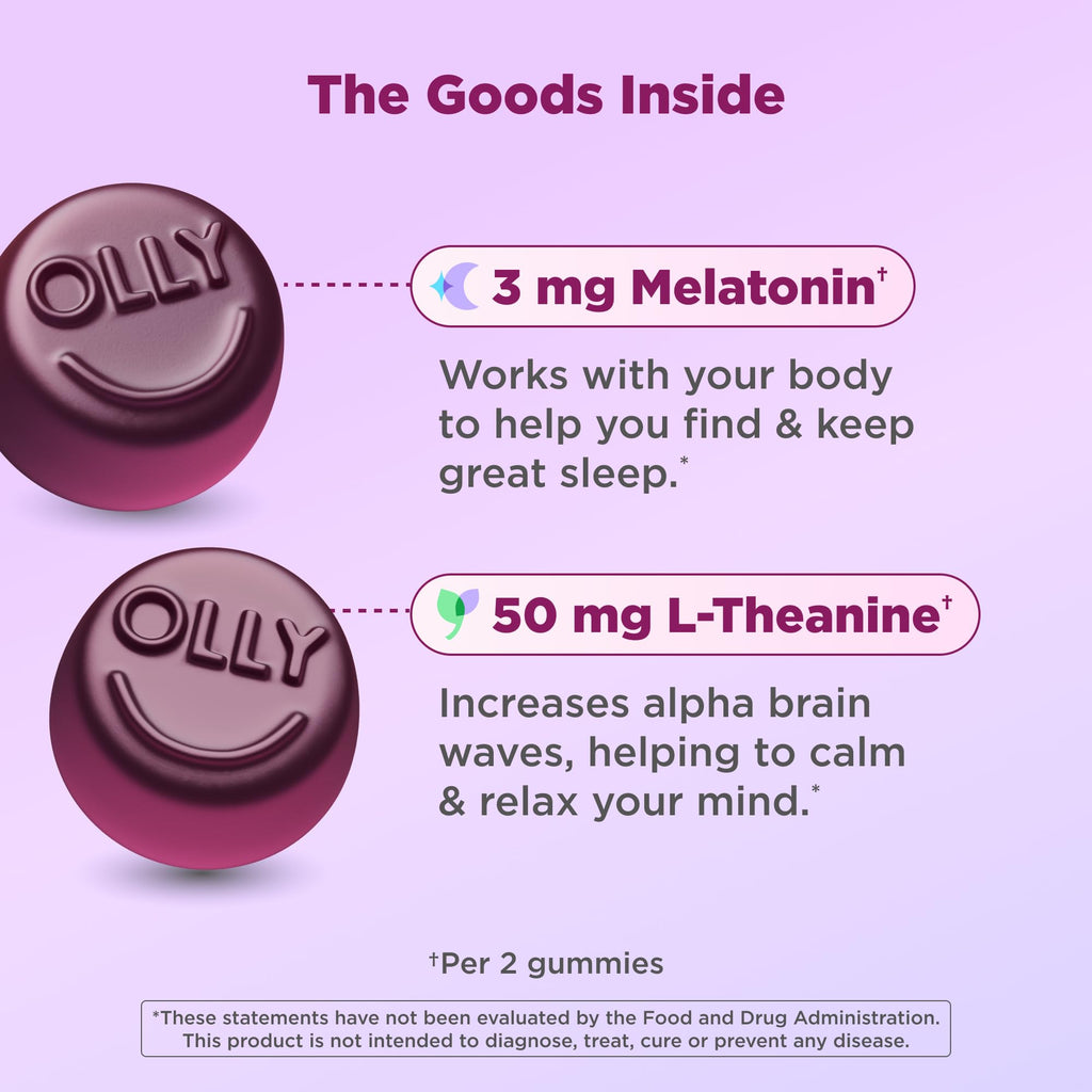 OLLY Sleep Gummy, 3 mg Melatonin, L-Theanine, Chamomile, Lemon Balm, Sleep Aid, Blackberry - 70 Count - TrustMedUSA
