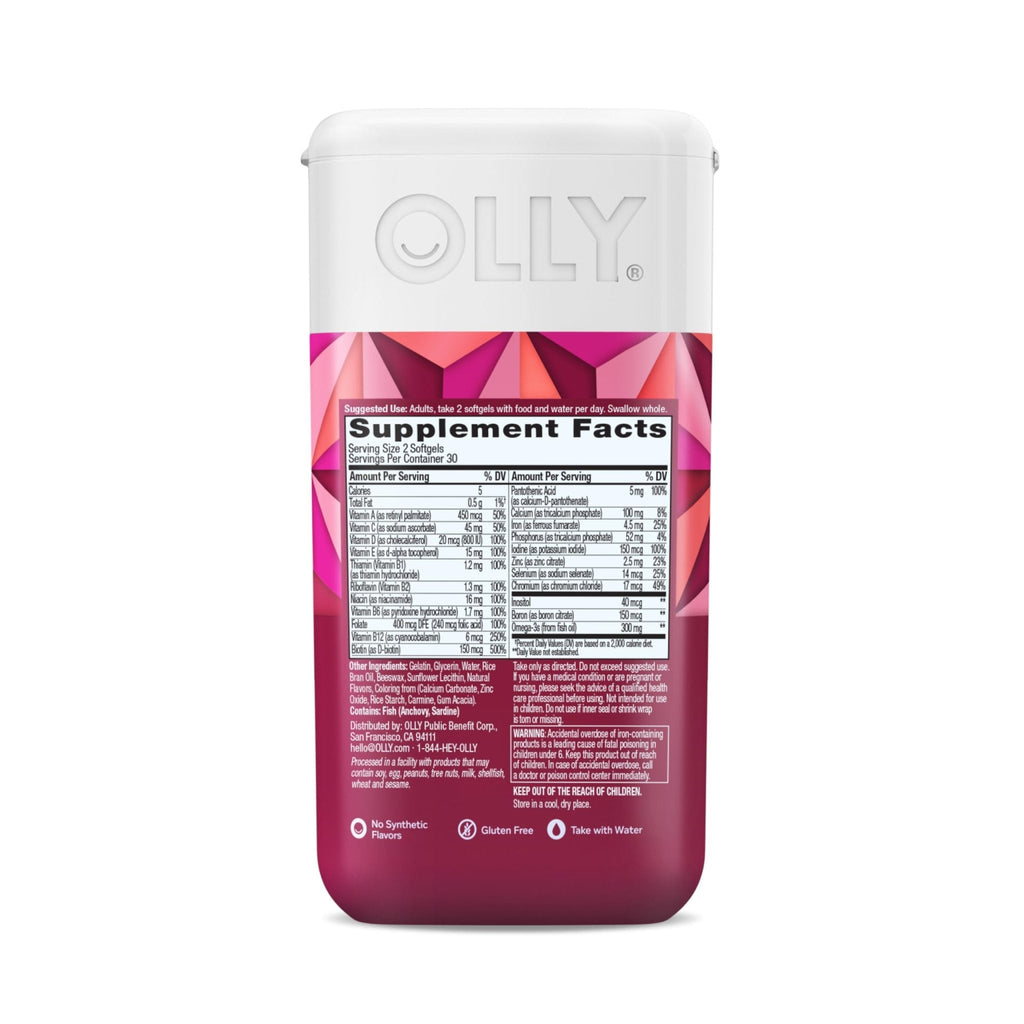 OLLY Ultra Strength Women's Multi Softgels, Overall Health and Immune Support, Omega-3s, Iron, Vitamins A, D, C, E, B12, Daily Multivitamin, 30 Day Supply - 60 Count - Maple Wellness Supplements