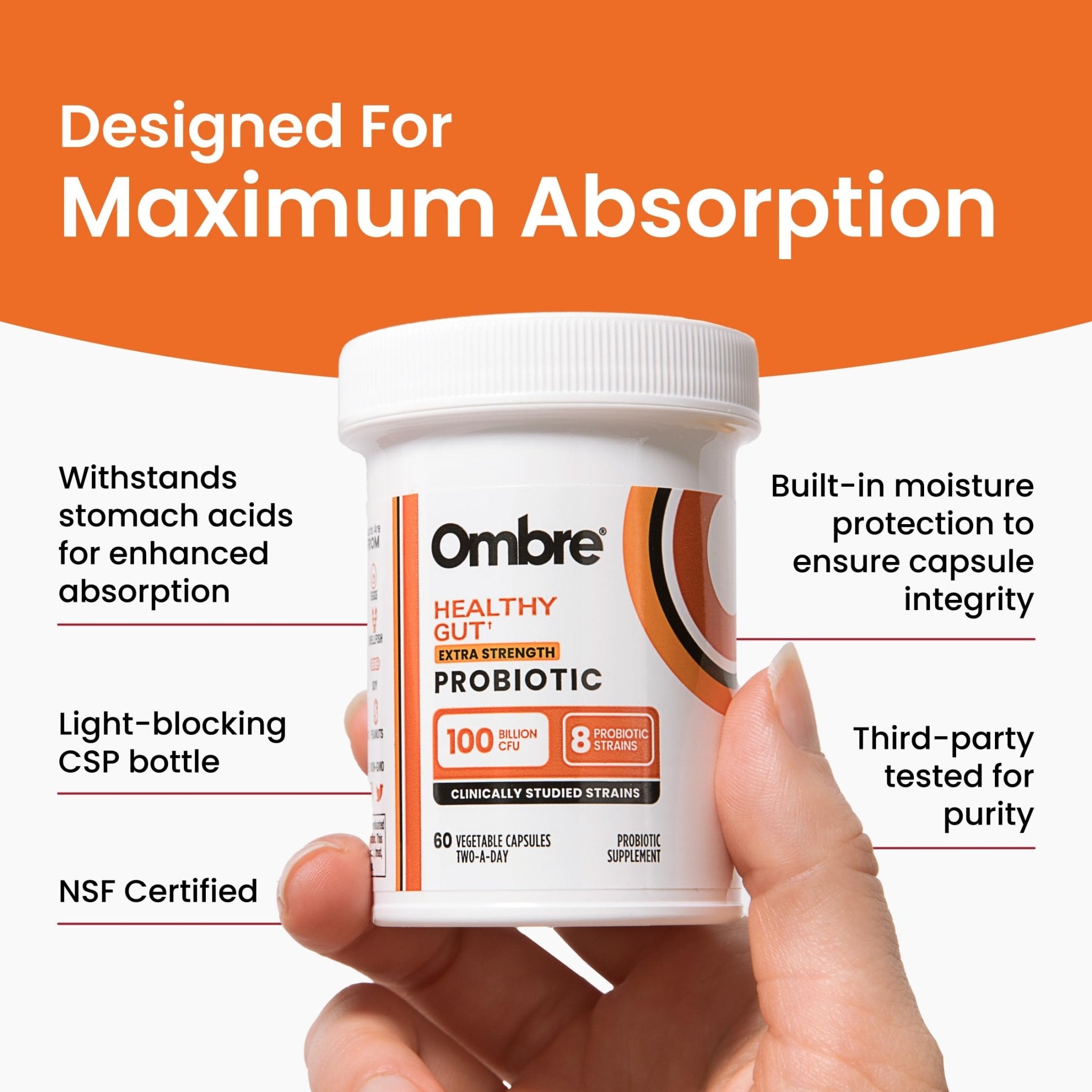 Ombre Healthy Gut Probiotics for Digestive Health 100 Billion CFU - Prebiotics and Probiotics for Women & Men with Lactobacillus Acidophilus & Digestive Enzymes, Gut Health Support, Vegan, 30 Servings - TrustMedUSA