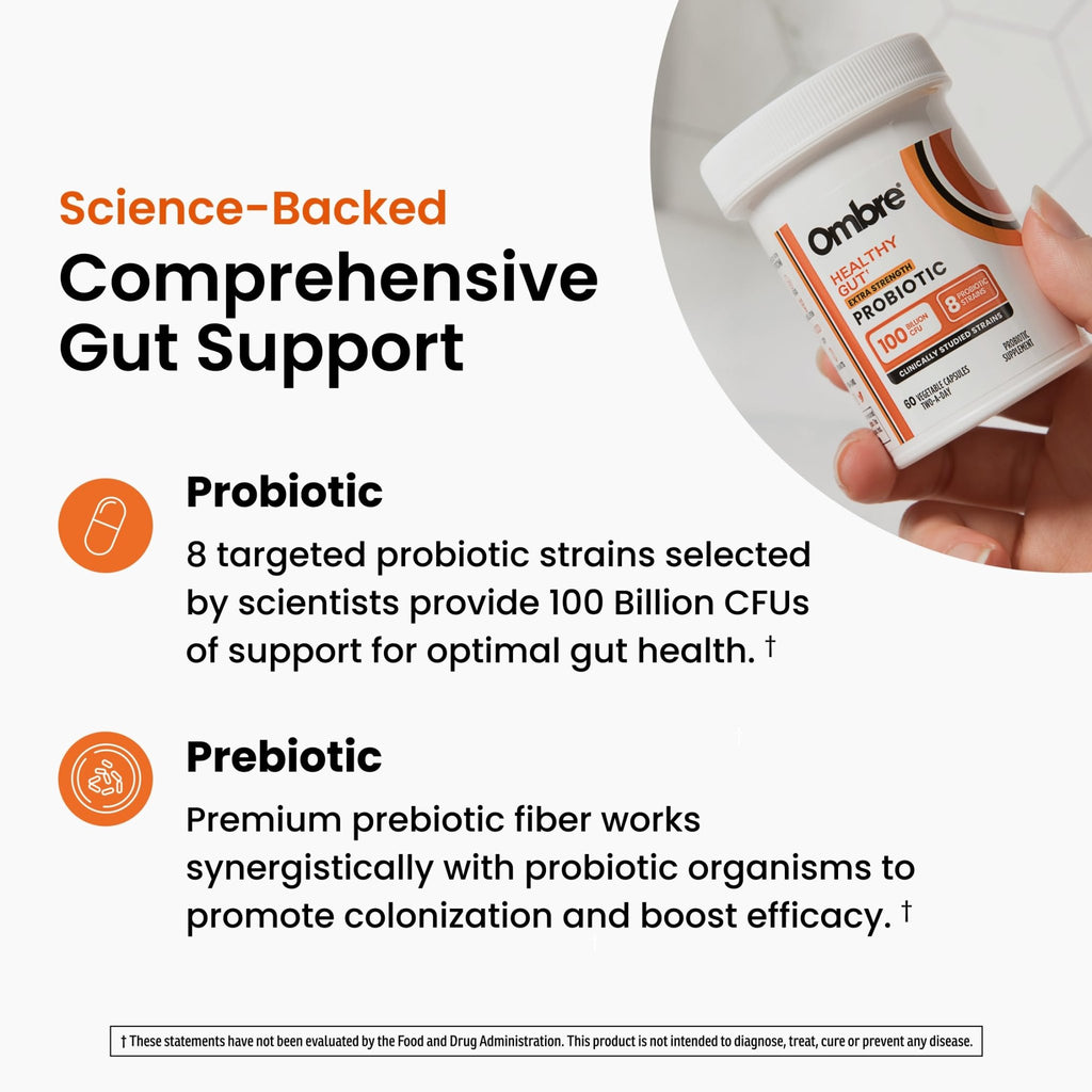Ombre Healthy Gut Probiotics for Digestive Health 100 Billion CFU - Prebiotics and Probiotics for Women & Men with Lactobacillus Acidophilus & Digestive Enzymes, Gut Health Support, Vegan, 30 Servings - TrustMedUSA