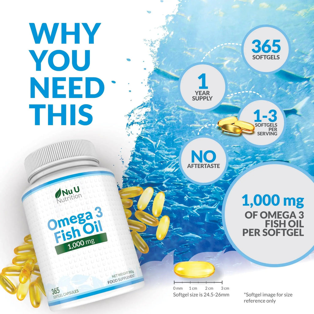 Omega 3 Fish Oil 1000mg - 365 Softgel Capsules - Up to 12 Month’s Supply - Pure Fish Oil - TrustMedUSA