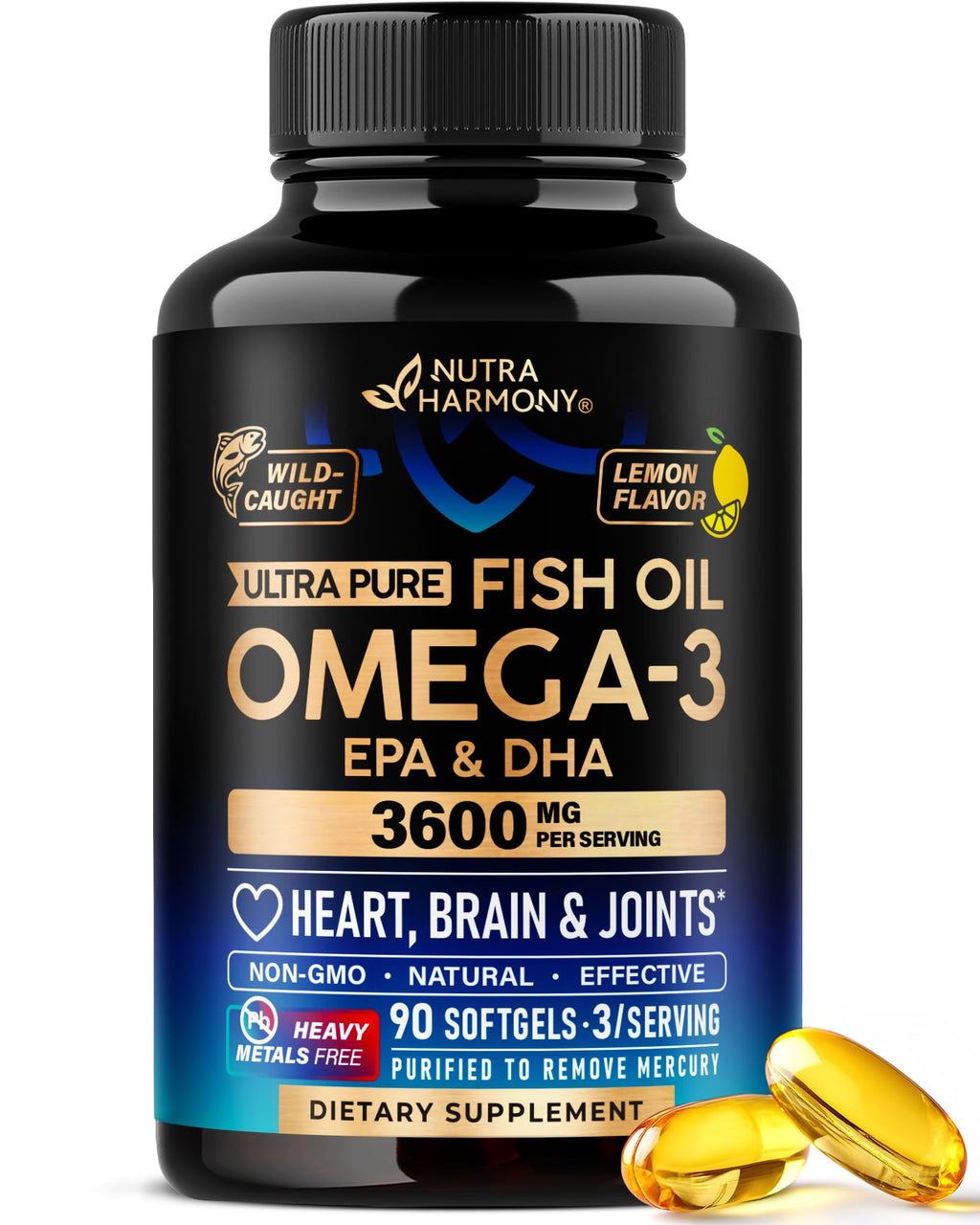 Omega 3 Fish Oil 3600 mg - Omega 3 Supplement | EPA & DHA - Heavy Metals Free - Heart, Brain & Joint Support - Purified Fish Oil for Men & Women - Lemon Flavored - Made in USA, 90 Softgels - TrustMedUSA