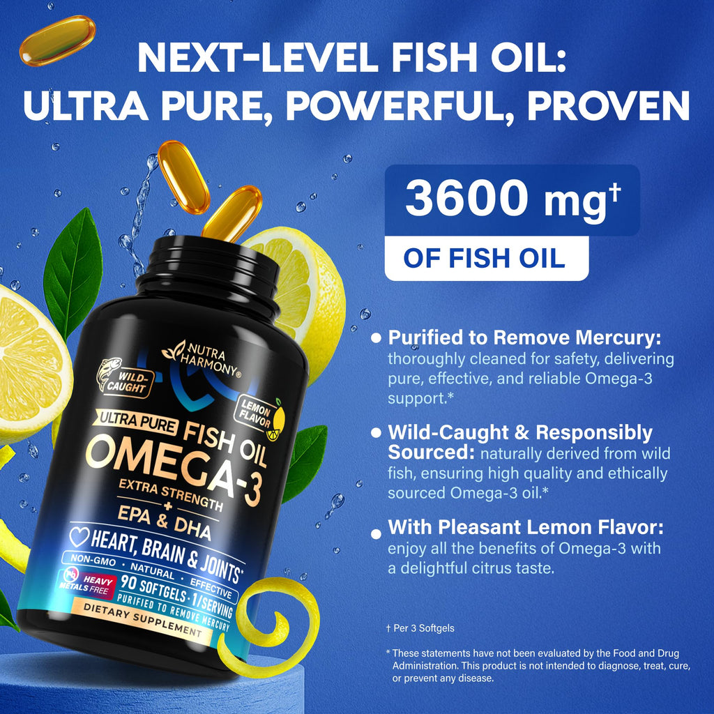 Omega 3 Fish Oil 3600 mg - Omega 3 Supplement | EPA & DHA - Heavy Metals Free - Heart, Brain & Joint Support - Purified Fish Oil for Men & Women - Lemon Flavored - Made in USA, 90 Softgels - TrustMedUSA