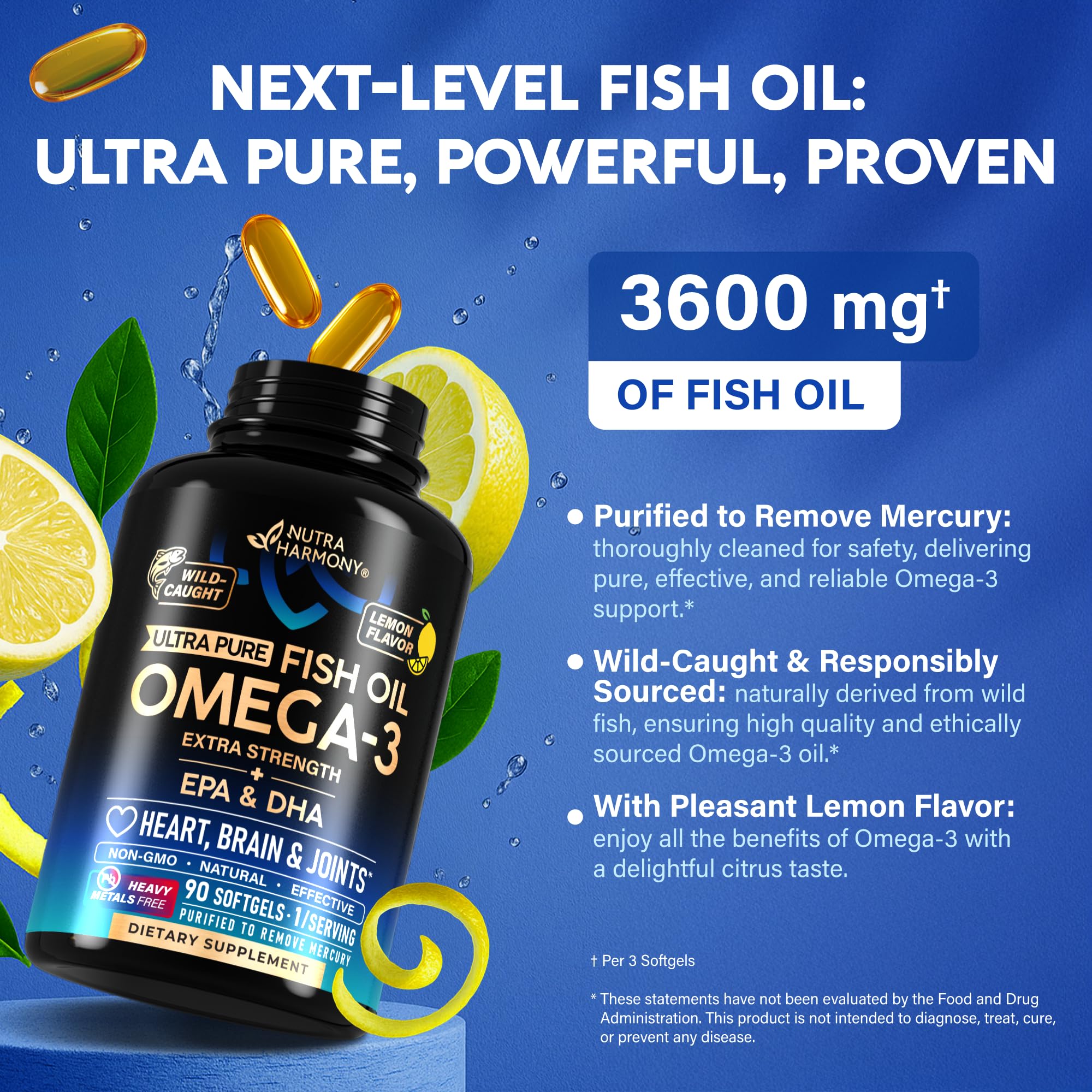 Omega 3 Fish Oil 3600 mg - Omega 3 Supplement | EPA & DHA - Heavy Metals Free - Heart, Brain & Joint Support - Purified Fish Oil for Men & Women - Lemon Flavored - Made in USA, 90 Softgels - TrustMedUSA