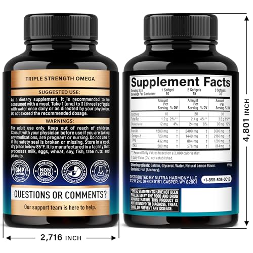 Omega 3 Fish Oil 3600 mg - Omega 3 Supplement | EPA & DHA - Heavy Metals Free - Heart, Brain & Joint Support - Purified Fish Oil for Men & Women - Lemon Flavored - Made in USA, 90 Softgels - TrustMedUSA