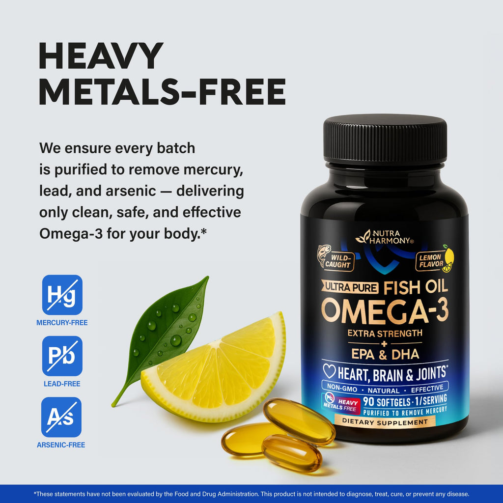 Omega 3 Fish Oil 3600 mg - Omega 3 Supplement | EPA & DHA - Heavy Metals Free - Heart, Brain & Joint Support - Purified Fish Oil for Men & Women - Lemon Flavored - Made in USA, 90 Softgels - TrustMedUSA