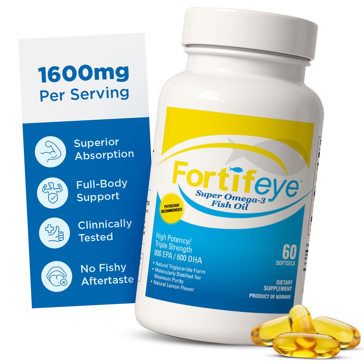 Omega 3 Fish Oil 60Count 1600 mg Made in Norway - High Potency Fish Oil Omega 3 Supplements Triglyceride Form with EPA and DHA Supplements for Women and Men No Fishy After Taste Natural Lemon Flavor - TrustMedUSA