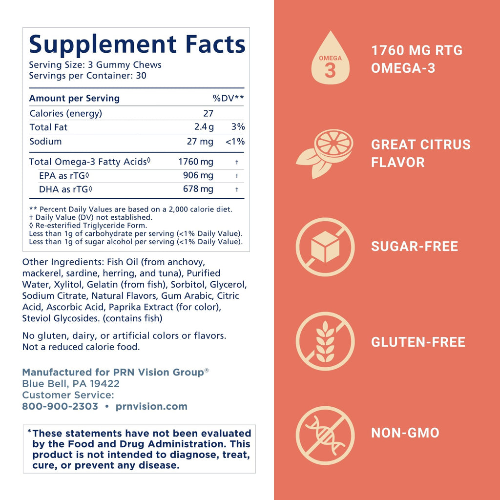 Omega 3 Gummy Chewables - 90 Gel Chews, 30-Day Supply, Citrus Flavor - 1760mg Ultra-Pure rTG Omega 3 for Eye, Heart, Brain, Joint & Immune Health - TrustMedUSA