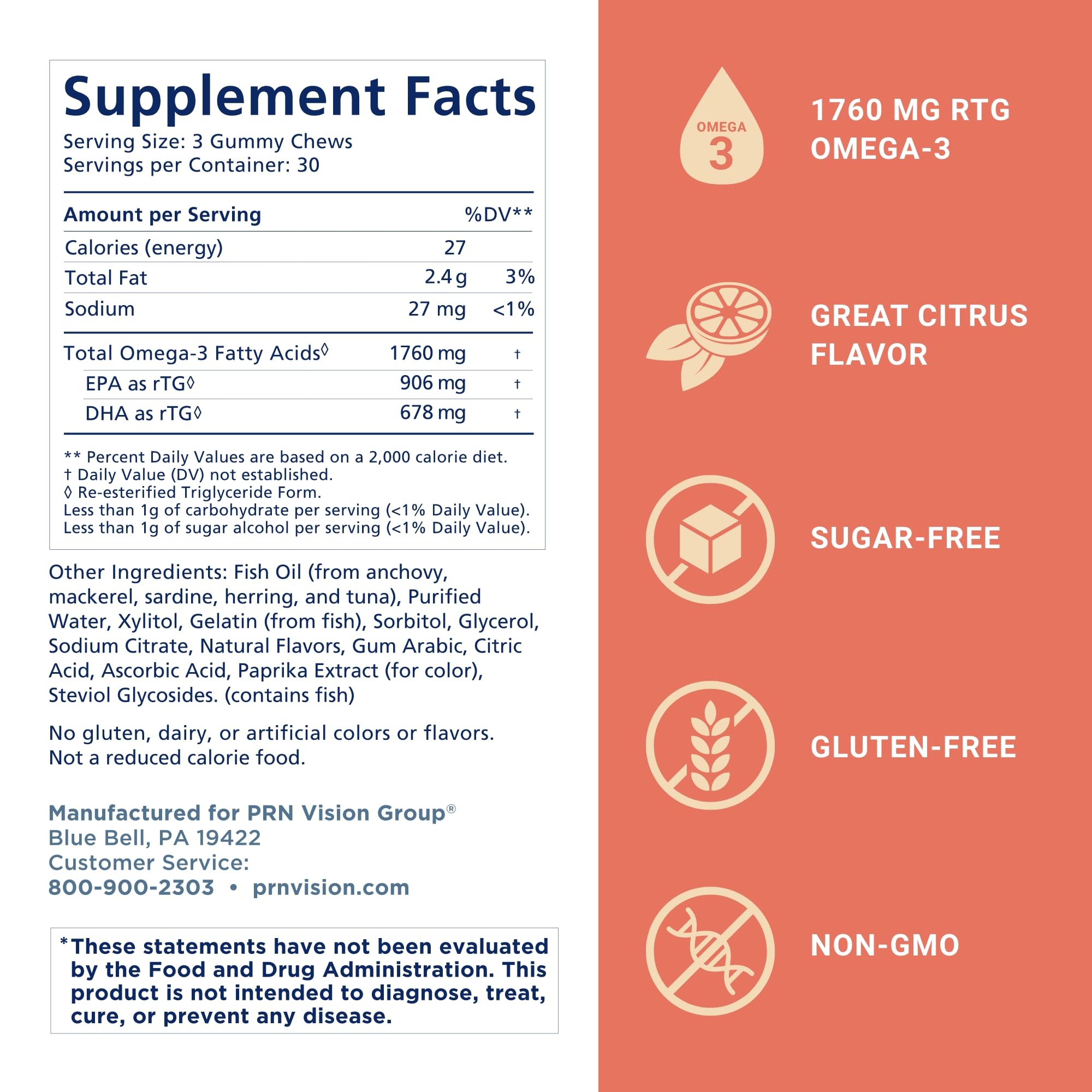 Omega 3 Gummy Chewables - 90 Gel Chews, 30-Day Supply, Citrus Flavor - 1760mg Ultra-Pure rTG Omega 3 for Eye, Heart, Brain, Joint & Immune Health - TrustMedUSA