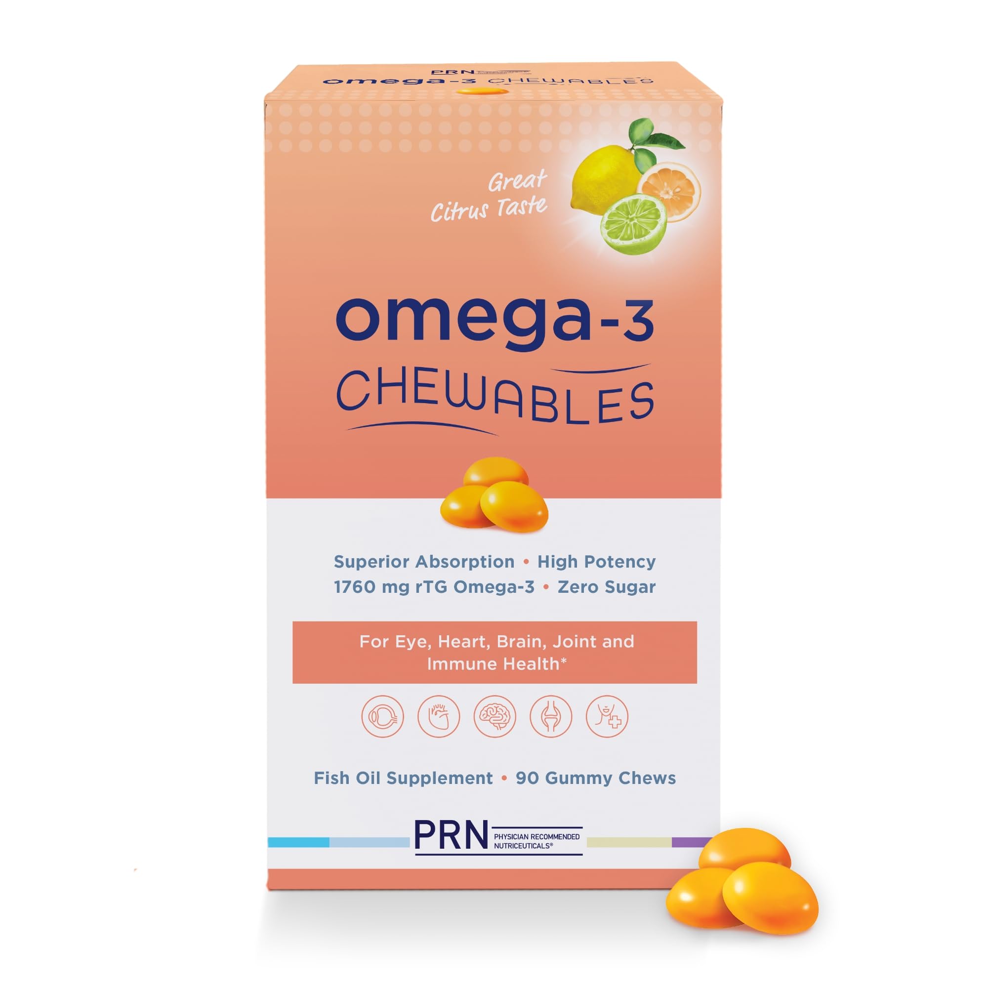 Omega 3 Gummy Chewables - 90 Gel Chews, 30-Day Supply, Citrus Flavor - 1760mg Ultra-Pure rTG Omega 3 for Eye, Heart, Brain, Joint & Immune Health - TrustMedUSA