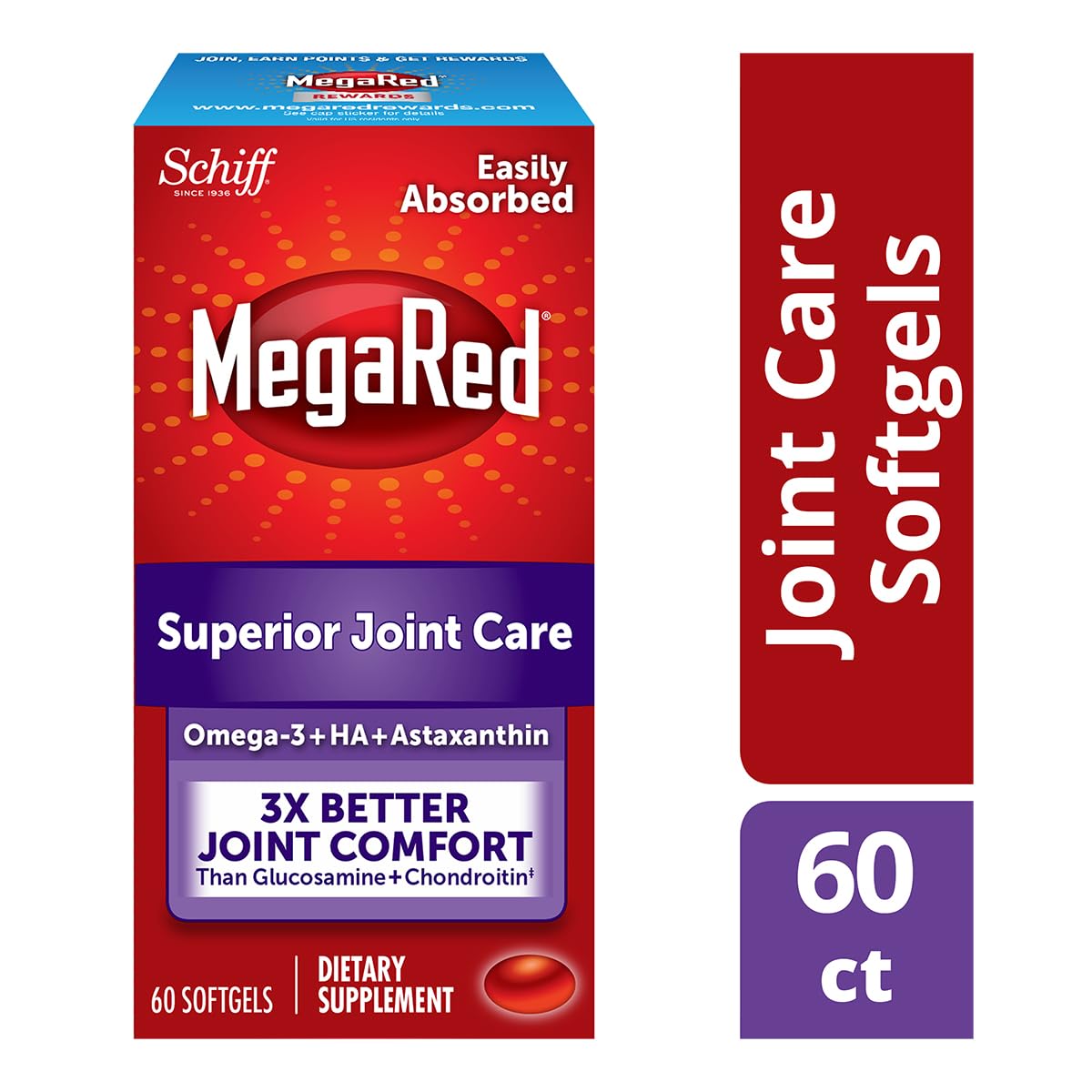 Omega-3 Krill Oil and Joint Supplement - Megared Joint Care 60 softgels - EPA/DHA fatty acids, Antioxidants, Hyaluronic acid, No fishy burp aftertaste as with Fish Oil - TrustMedUSA