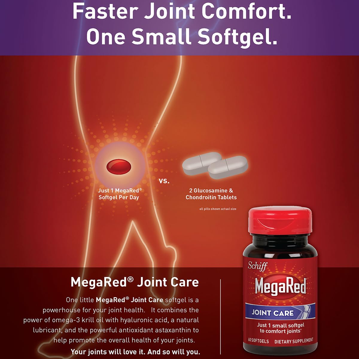Omega-3 Krill Oil and Joint Supplement - Megared Joint Care 60 softgels - EPA/DHA fatty acids, Antioxidants, Hyaluronic acid, No fishy burp aftertaste as with Fish Oil - TrustMedUSA