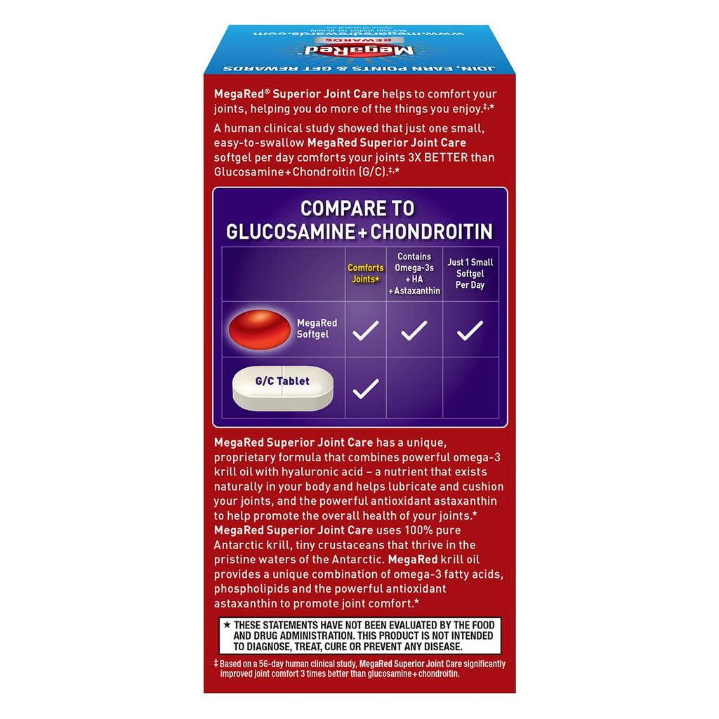Omega-3 Krill Oil and Joint Supplement - Megared Joint Care 60 softgels - EPA/DHA fatty acids, Antioxidants, Hyaluronic acid, No fishy burp aftertaste as with Fish Oil - TrustMedUSA