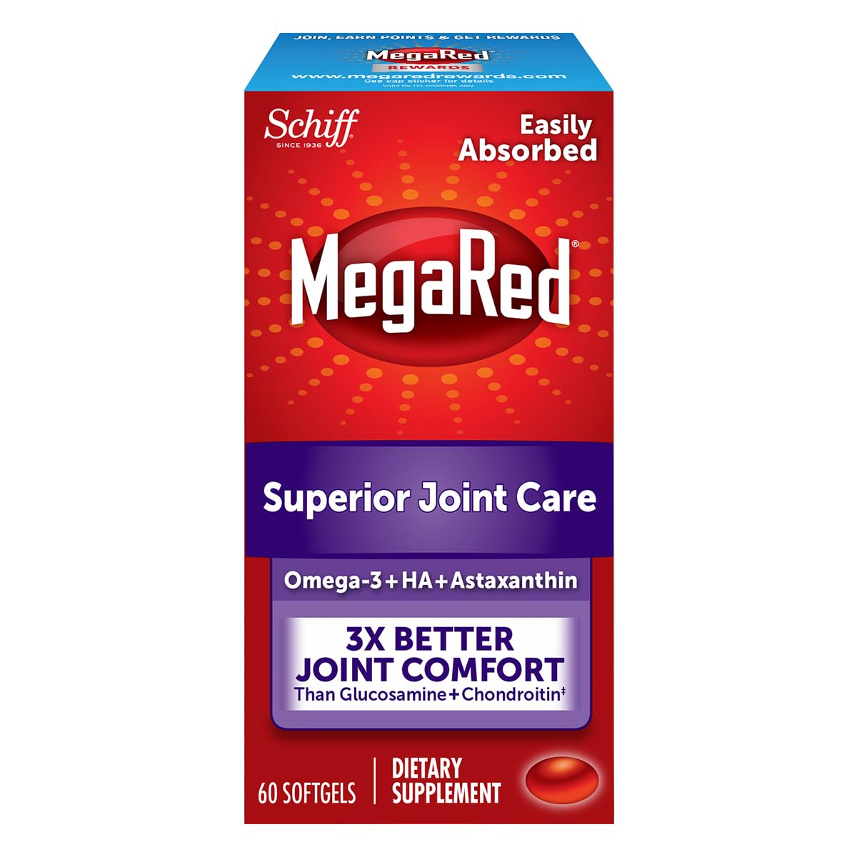 Omega-3 Krill Oil and Joint Supplement - Megared Joint Care 60 softgels - EPA/DHA fatty acids, Antioxidants, Hyaluronic acid, No fishy burp aftertaste as with Fish Oil - TrustMedUSA