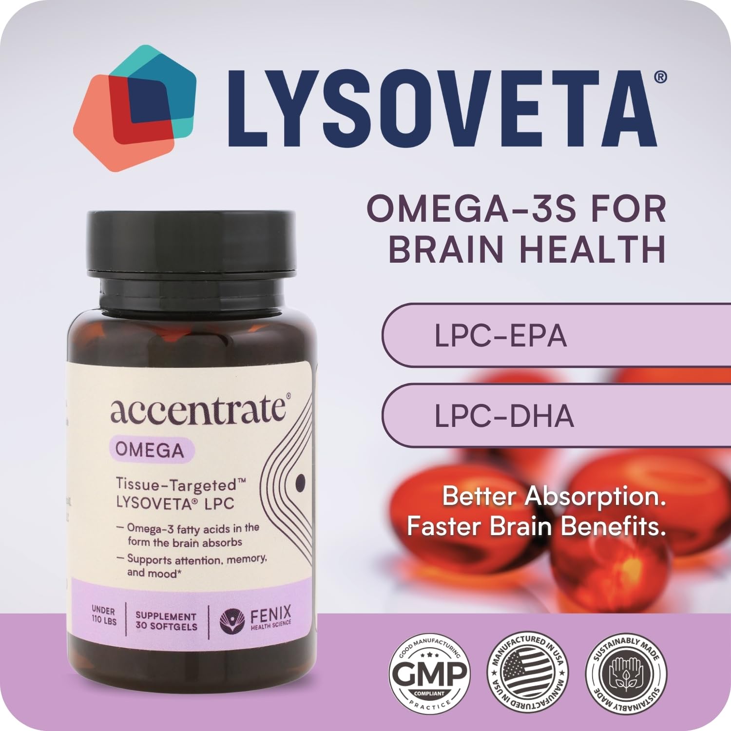 Omega w/LYSOVETA LPC | EPA & DHA Supplements for Brain Health | Focus, Attention, Memory, & Mood | 6X Higher Absorption Than Fish Oil | Omega-3 Fatty Acid Supplements | Highest Potency LPC-DHA - TrustMedUSA