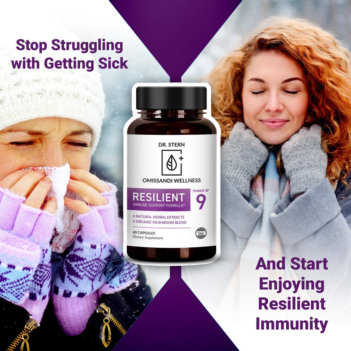 OMISSANDI-WELLNESS Resilient - Natural Immune System Support - Dr. Ian Stern Formulated - to boost your defenses - W/Organic Mushroom Blend, Echinacea, Astragalus & More - Vegan - Made in USA- 60 Caps - Maple Wellness Supplements