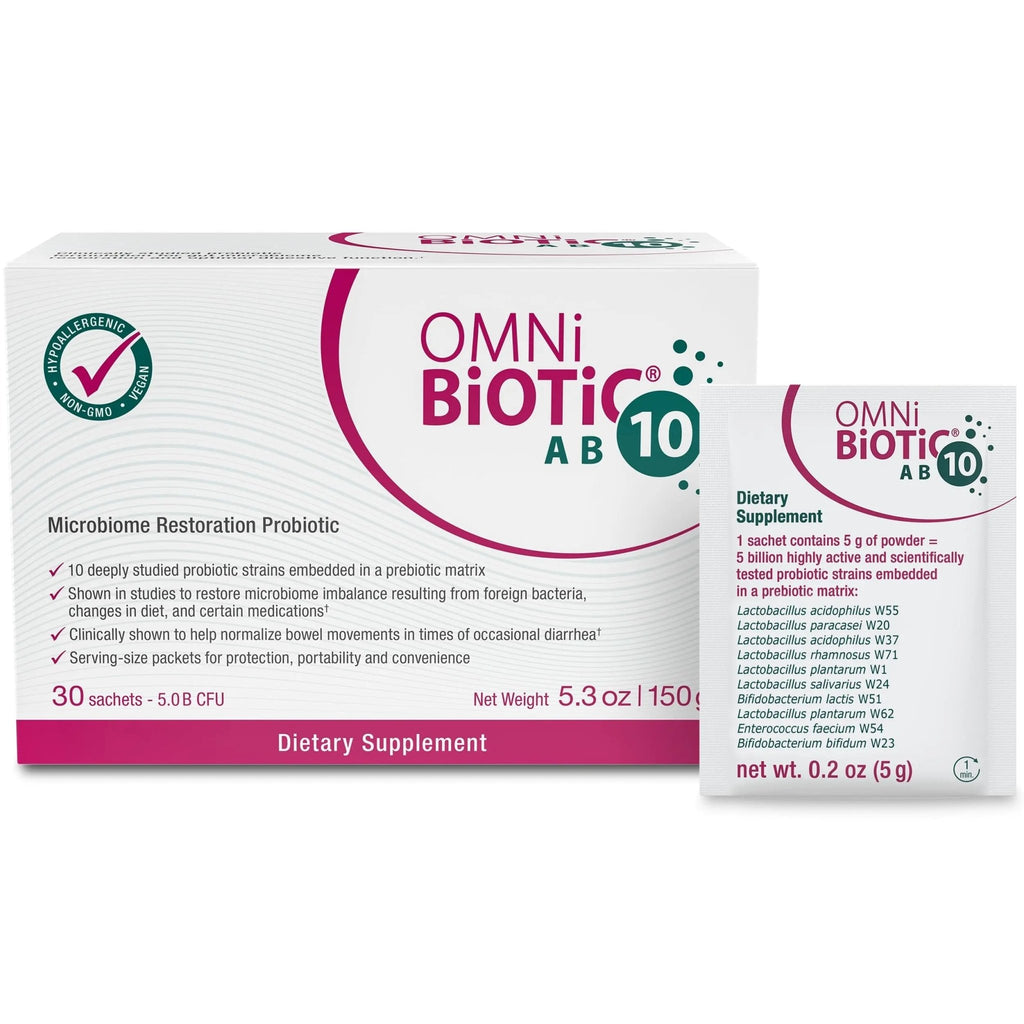 OMNi BiOTiC AB 10 - Clinically Tested Restorative Probiotic - Supports & Restores Gut Flora & Digestion - Digestive Probiotic for Diarrhea - Vegan, Hypoallergenic, Non-GMO (30 Daily Packets) - TrustMedUSA