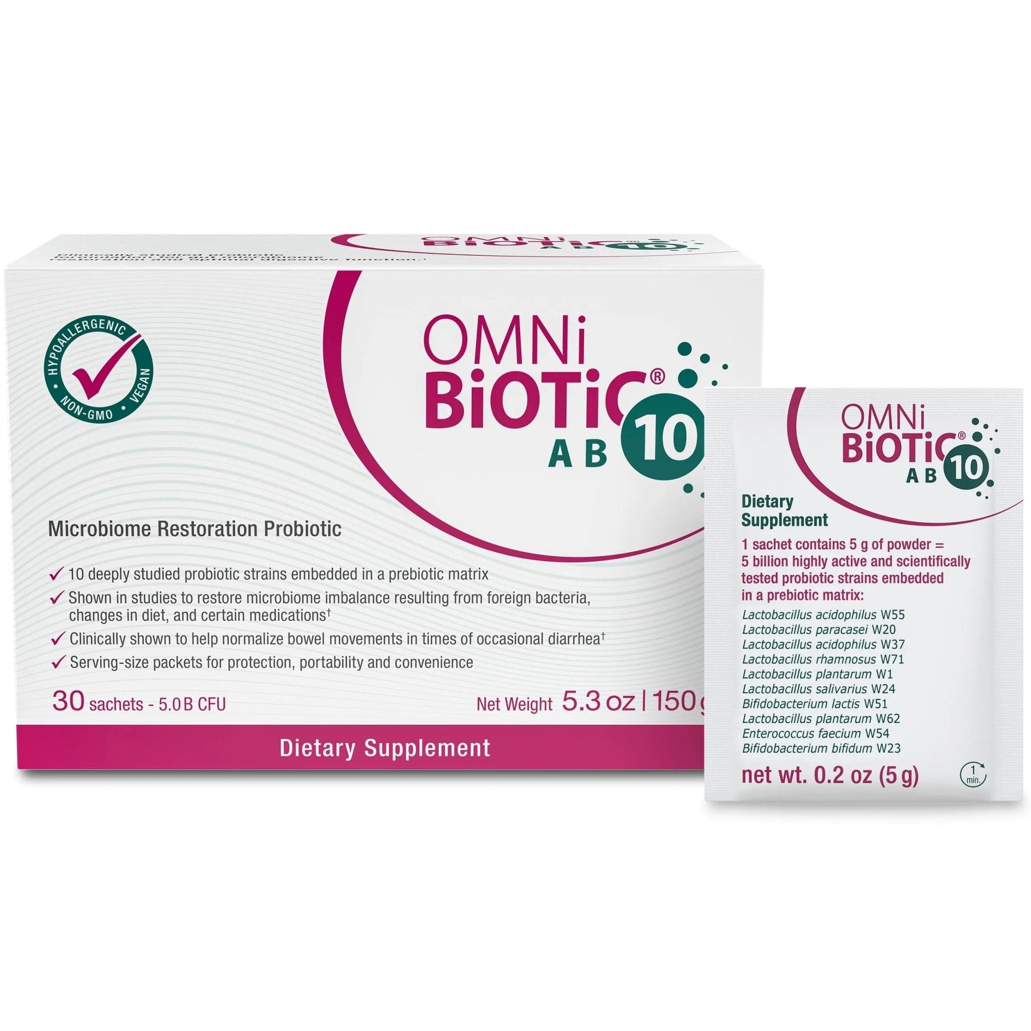 OMNi BiOTiC AB 10 - Clinically Tested Restorative Probiotic - Supports & Restores Gut Flora & Digestion - Digestive Probiotic for Diarrhea - Vegan, Hypoallergenic, Non-GMO (30 Daily Packets) - TrustMedUSA