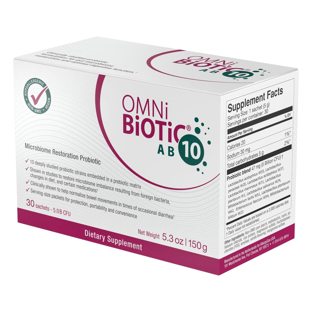 OMNi BiOTiC AB 10 - Clinically Tested Restorative Probiotic - Supports & Restores Gut Flora & Digestion - Digestive Probiotic for Diarrhea - Vegan, Hypoallergenic, Non-GMO (30 Daily Packets) - TrustMedUSA