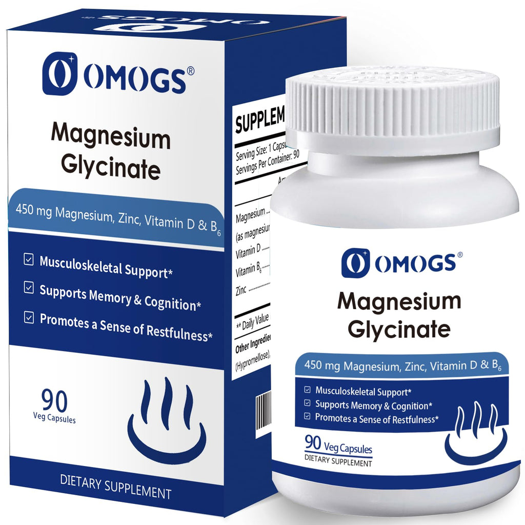 OMOGS High Absorption Magnesium Glycinate, for Supporting Sleep, Muscle Relaxation, Heart Health & Bone Health, Gluten Free, Non-GMO, 90 Vegetarian Capsules - TrustMedUSA