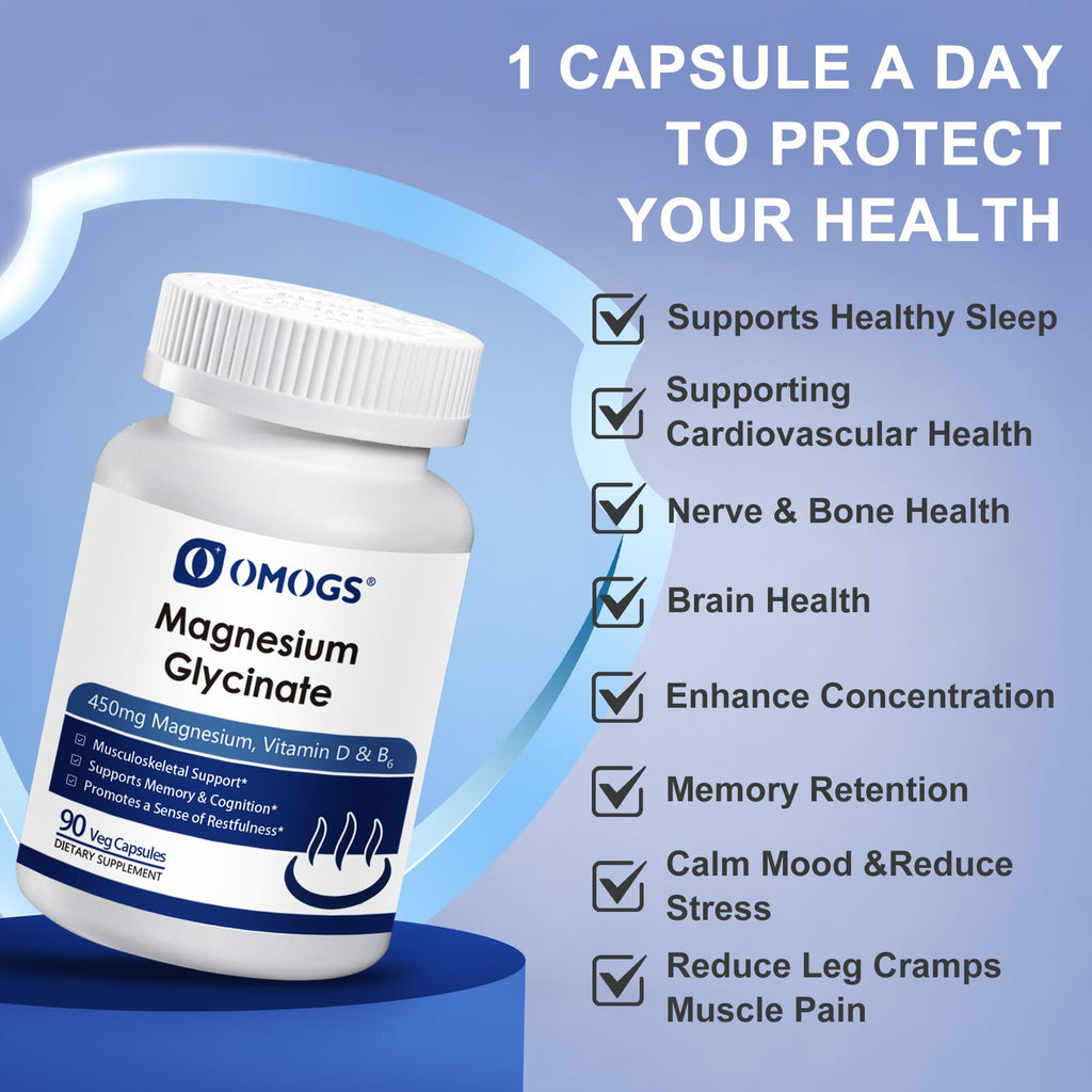 OMOGS High Absorption Magnesium Glycinate, for Supporting Sleep, Muscle Relaxation, Heart Health & Bone Health, Gluten Free, Non-GMO, 90 Vegetarian Capsules - TrustMedUSA