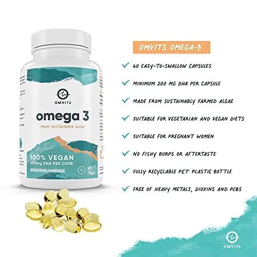 Omvits Vegan Omega 3 DHA from Algae Oil 1000mg - 60 Softgel Capsules with Vitamin E - TrustMedUSA