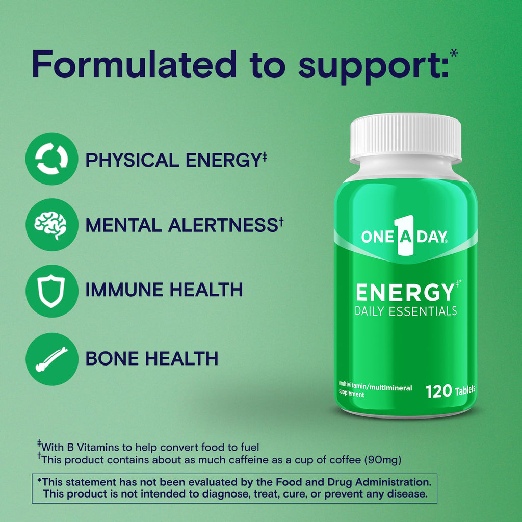 One A Day Energy Daily Essentials Multivitamin, Energy Supplement to Support Mental Alertness and Immune Health with Vitamins A C, D, E, Zinc and Caffeine, 120 Count - TrustMedUSA