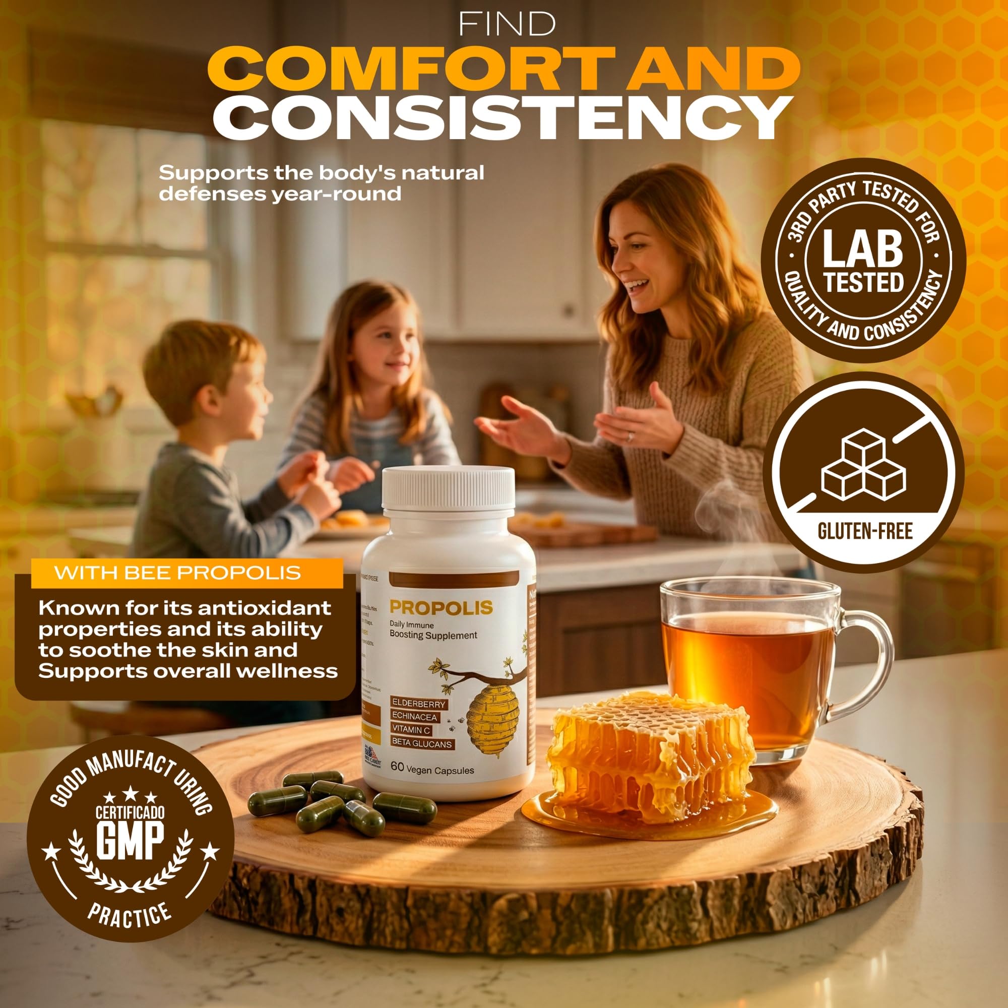Only Nutri Labs Bee Propolis Dietary Supplement, with Elderberry, Echinacea, Vitamin C and Beta Glucans - Daily Wellness Capsules for Adults (60 Count) - TrustMedUSA