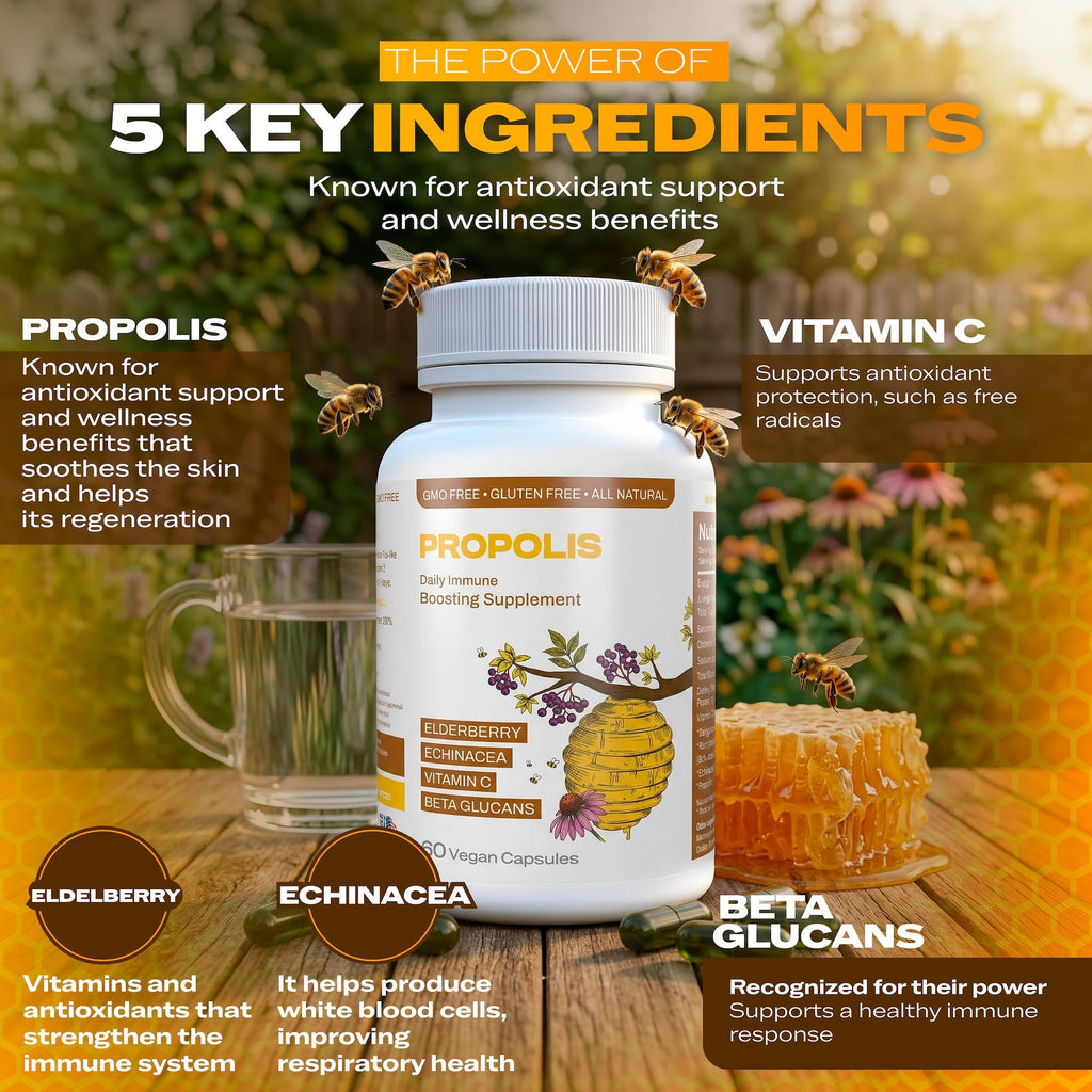 Only Nutri Labs Bee Propolis Dietary Supplement, with Elderberry, Echinacea, Vitamin C and Beta Glucans - Daily Wellness Capsules for Adults (60 Count) - TrustMedUSA