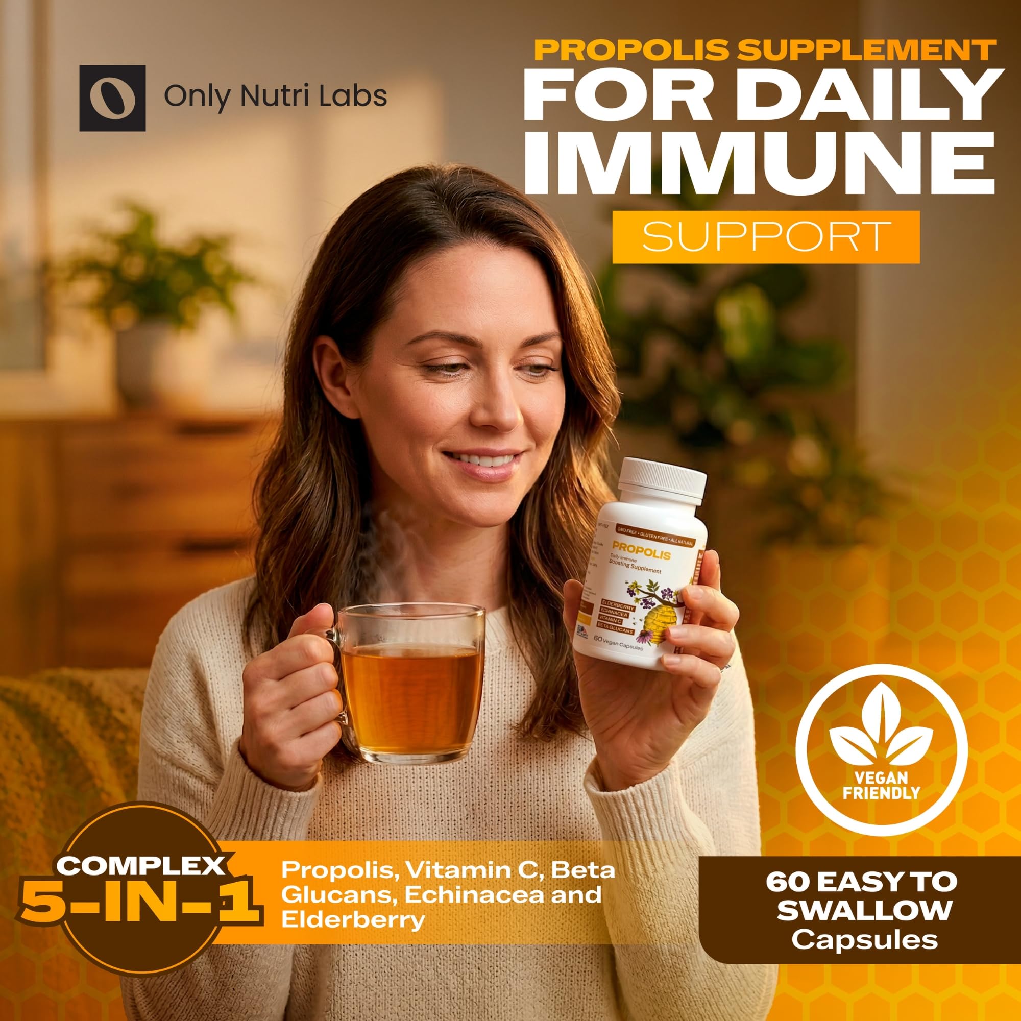 Only Nutri Labs Bee Propolis Dietary Supplement, with Elderberry, Echinacea, Vitamin C and Beta Glucans - Daily Wellness Capsules for Adults (60 Count) - TrustMedUSA