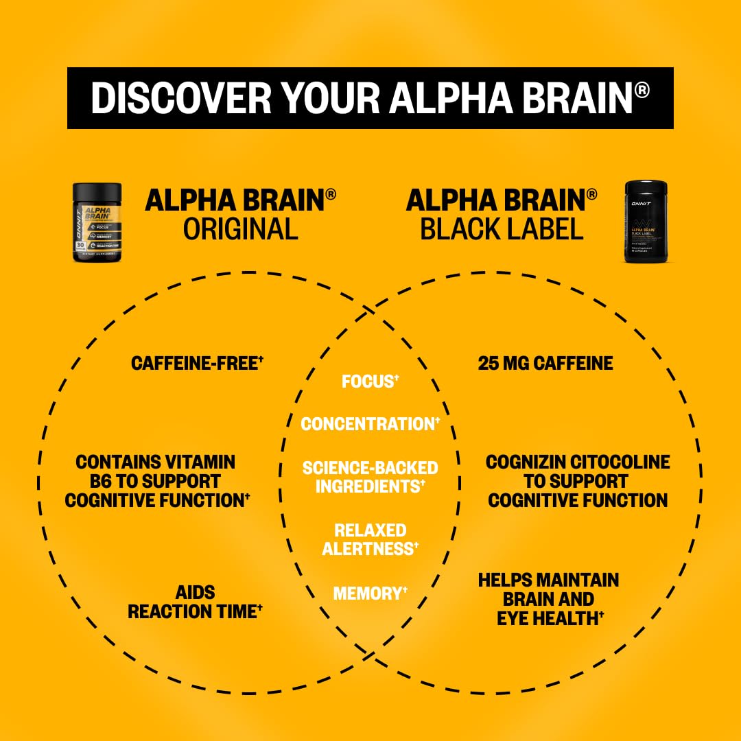 ONNIT Alpha Brain Black Label Capsules, IGEN Non-GMO Tested Citicoline Brain Supplement for Concentration and Memory, Lion’s Mane, Lutemax Lutein, L Theanine and Mucuna Pruriens, 80 Count - TrustMedUSA