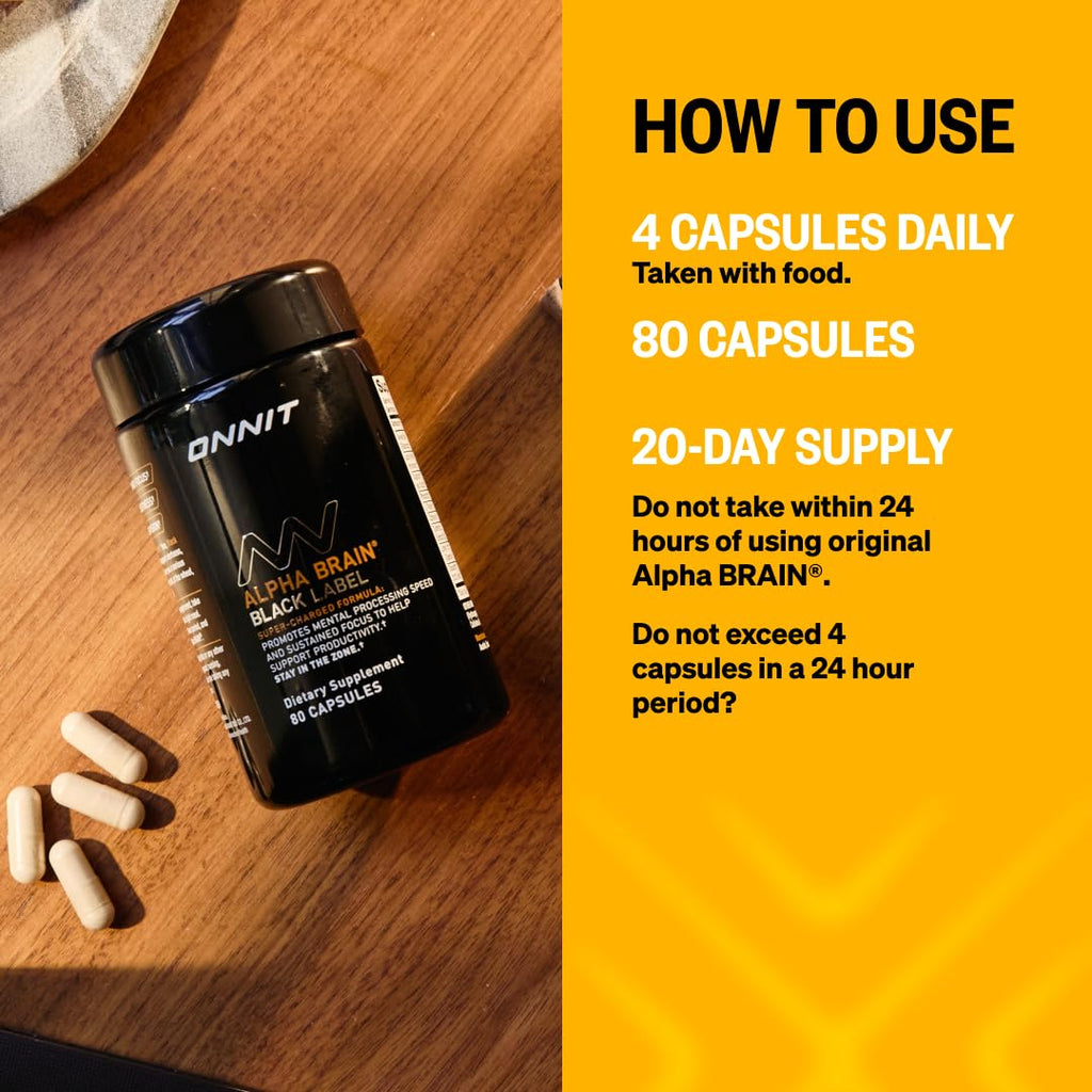 ONNIT Alpha Brain Black Label Capsules, IGEN Non-GMO Tested Citicoline Brain Supplement for Concentration and Memory, Lion’s Mane, Lutemax Lutein, L Theanine and Mucuna Pruriens, 80 Count - TrustMedUSA