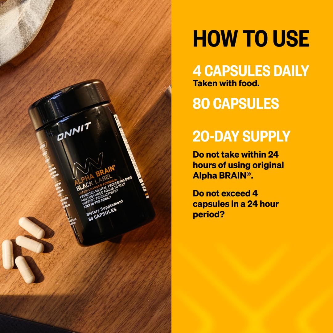 ONNIT Alpha Brain Black Label Capsules, IGEN Non-GMO Tested Citicoline Brain Supplement for Concentration and Memory, Lion’s Mane, Lutemax Lutein, L Theanine and Mucuna Pruriens, 80 Count - TrustMedUSA