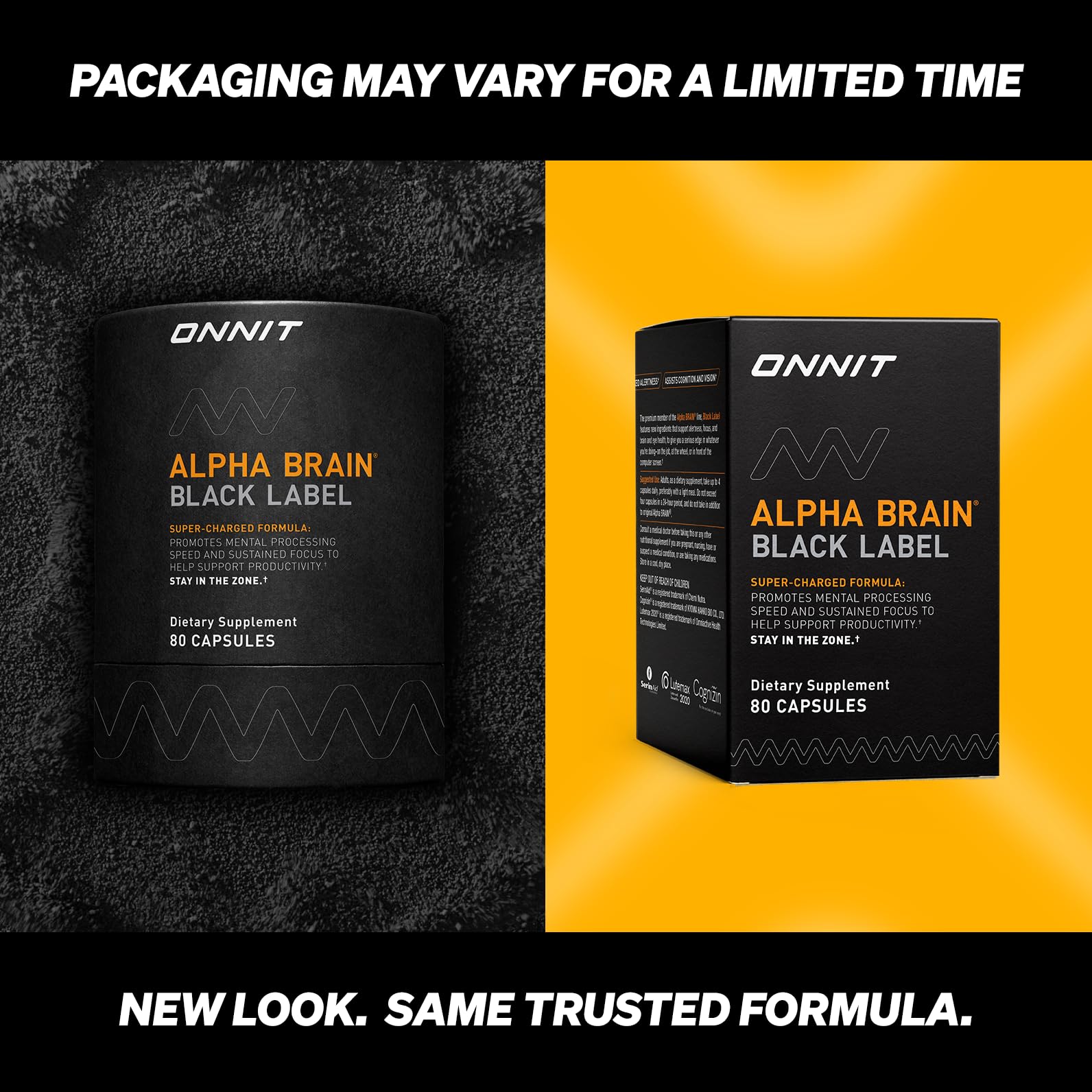 ONNIT Alpha Brain Black Label Capsules, IGEN Non-GMO Tested Citicoline Brain Supplement for Concentration and Memory, Lion’s Mane, Lutemax Lutein, L Theanine and Mucuna Pruriens, 80 Count - TrustMedUSA