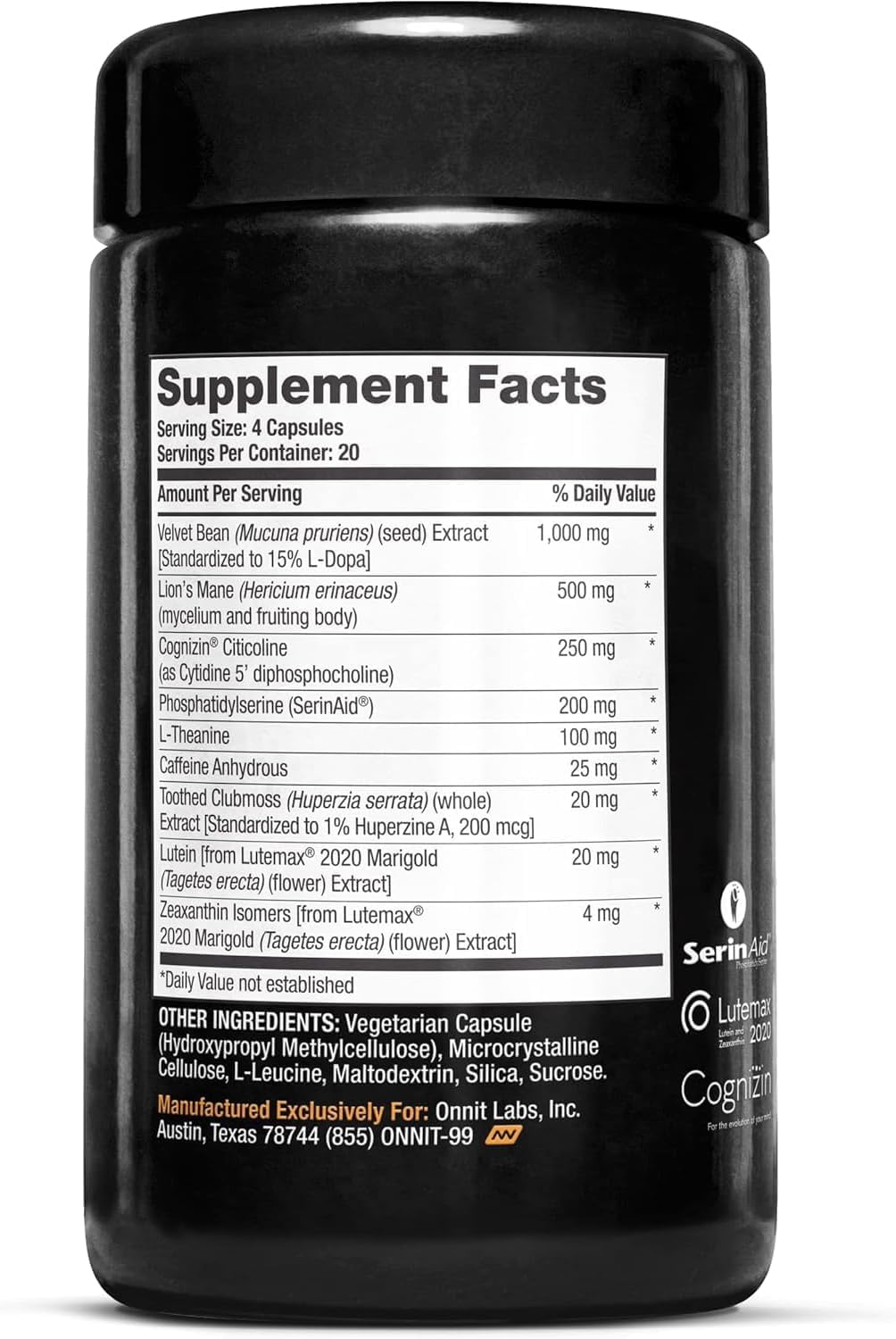 ONNIT Alpha Brain Black Label Capsules, IGEN Non-GMO Tested Citicoline Brain Supplement for Concentration and Memory, Lion’s Mane, Lutemax Lutein, L Theanine and Mucuna Pruriens, 80 Count - TrustMedUSA