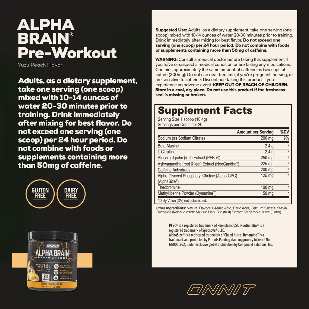 ONNIT Alpha Brain Pre-Workout - Yuzu Peach (20 Serving Tub) - TrustMedUSA