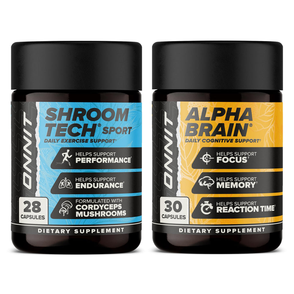 ONNIT Cognitive & Endurance Support Bundle: Alpha Brain Nootropic Capsules (30 Count) + Shroom Tech Sport Exercise Support Capsules (28 Count), IGEN Non-GMO Tested Focus, Energy & Endurance, 2 Pack - TrustMedUSA