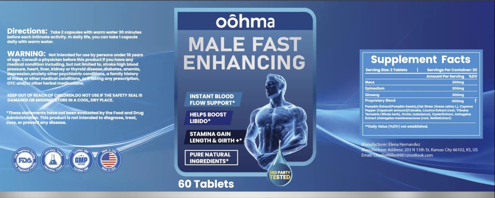Oohma New Male Enhancing Supplement, Designed to be Fast Acting for Blood Flow to Gain Length & Girth + Stamina, Maca, Epimedium, and Other Natural Ingredients, 3rd Party Tested Supplement 60 Tablets - TrustMedUSA