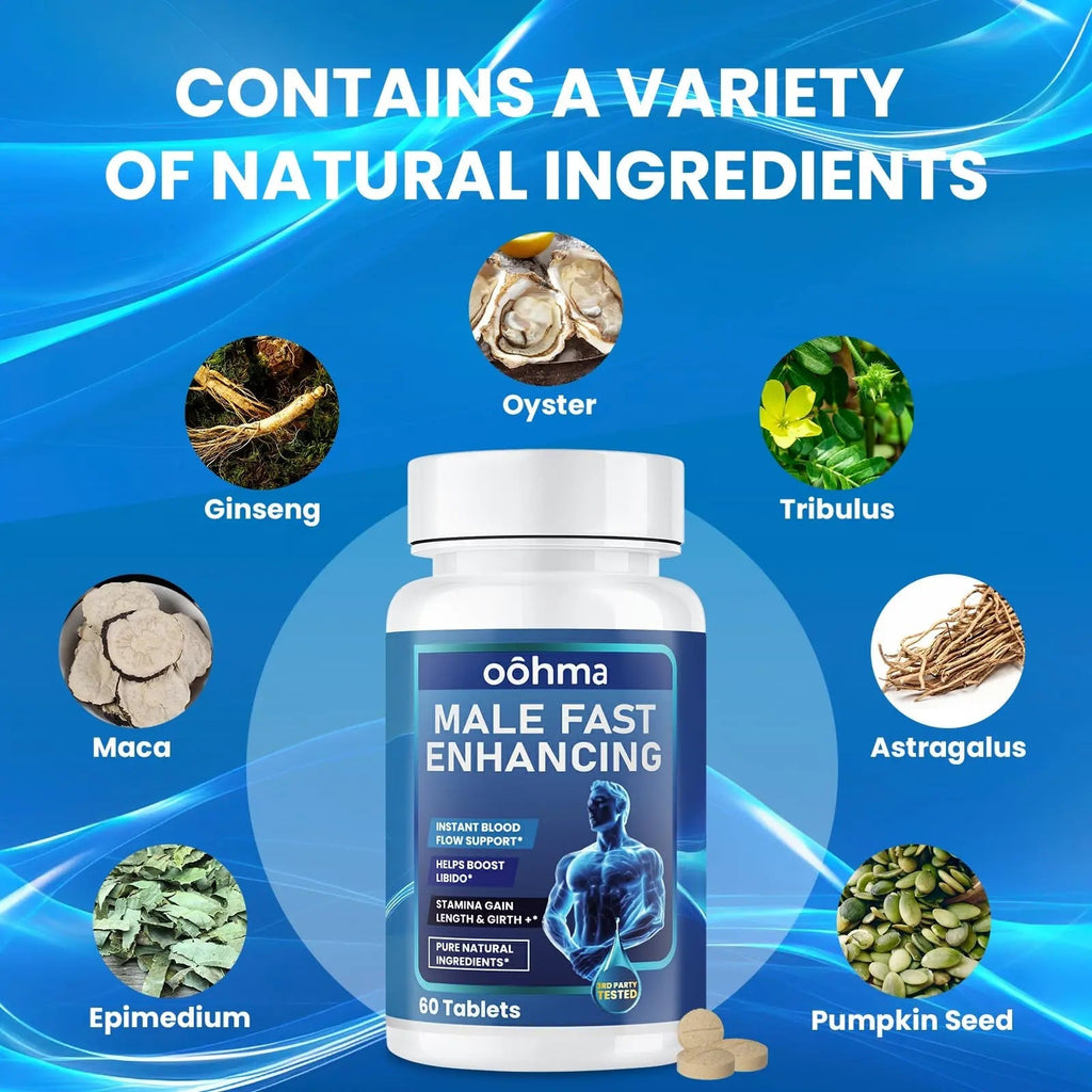 Oohma New Male Enhancing Supplement, Designed to be Fast Acting for Blood Flow to Gain Length & Girth + Stamina, Maca, Epimedium, and Other Natural Ingredients, 3rd Party Tested Supplement 60 Tablets - TrustMedUSA
