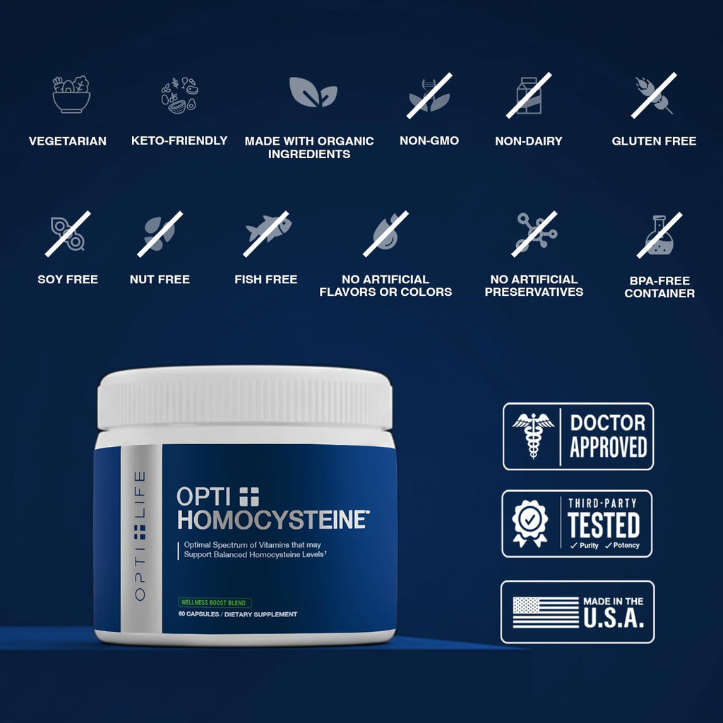 Opti + Homocysteine Capsules | Daily Brain and Heart Health Supplements* | Brain Supplement with Methylcobalamin & Methylfolate | 60 capsules/30 Servings - TrustMedUSA