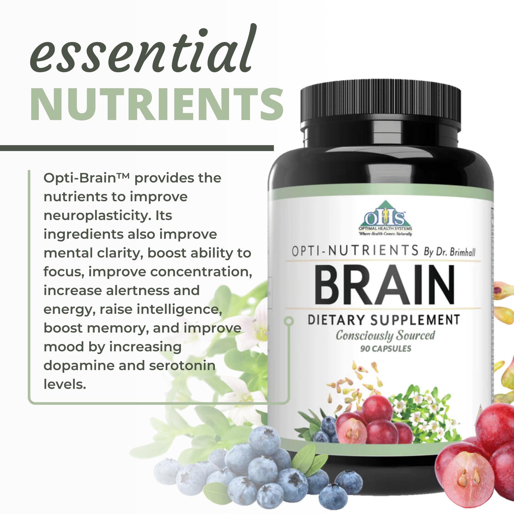 Optimal Health Systems Brain | Most Comprehensive Nootropic + Enzyme Delivery | 700 mg Scientific Neuroenhancment Blend | Boost Mood, Memory & Focus | 90 Capsules - TrustMedUSA